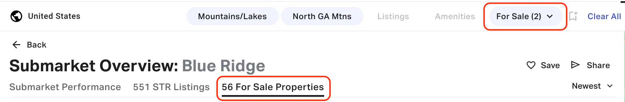 Dashboard showing filter for sale properties