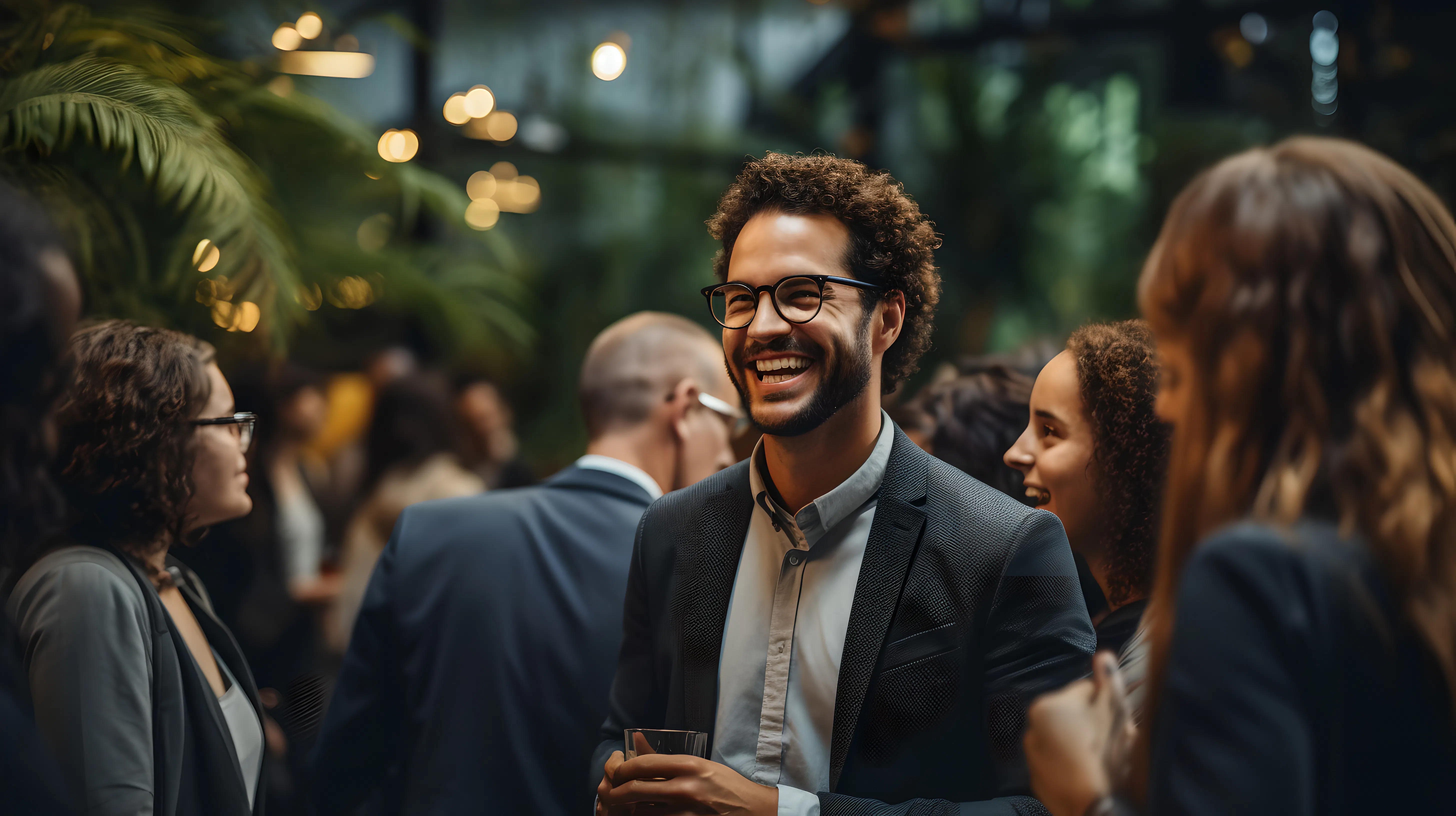 Happy businessman laughing while holding drink glass during networking event at convention center, sharing startup ideas and discussing new innovation.