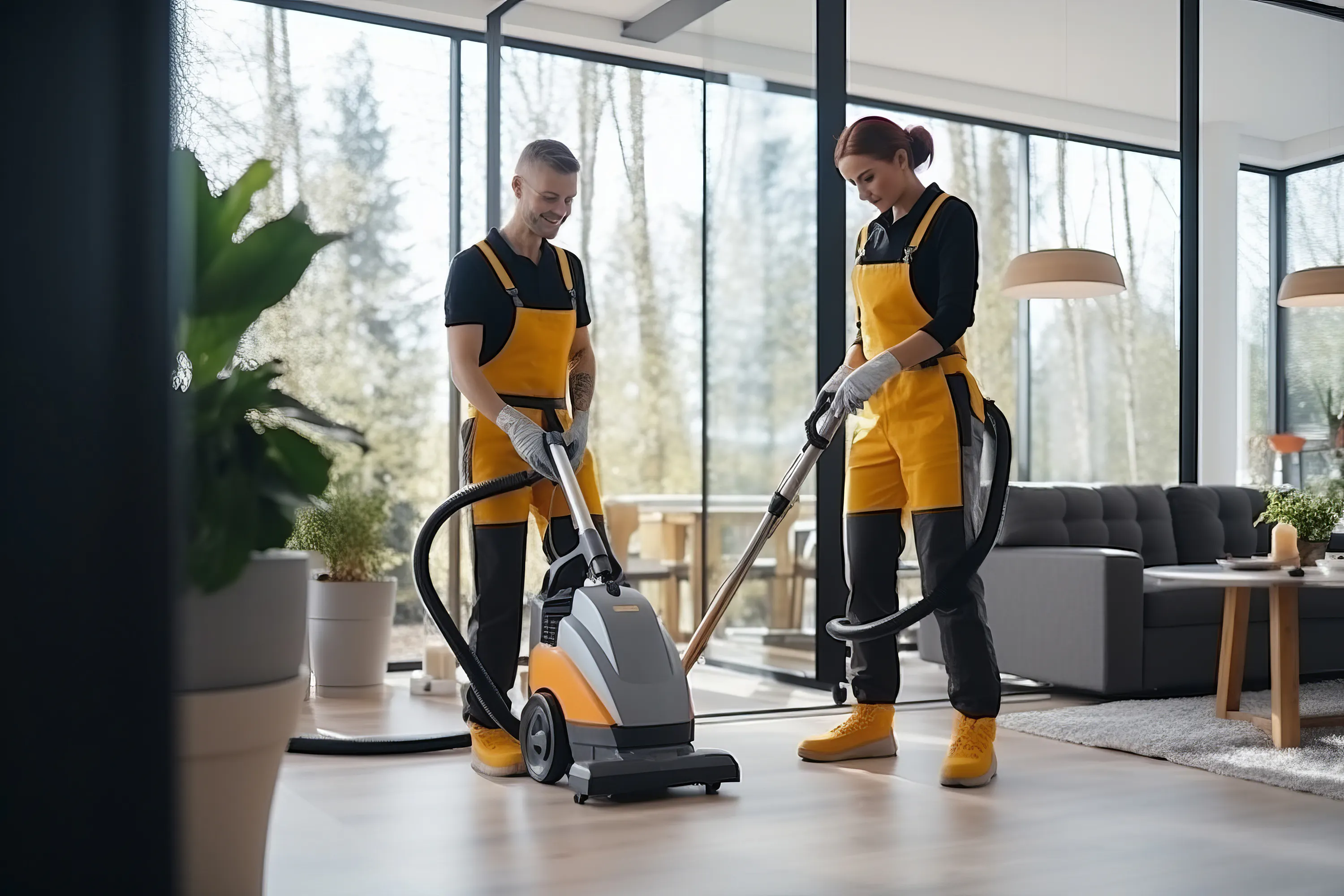 Professional janitors in uniform doing spring cleaning of modern house