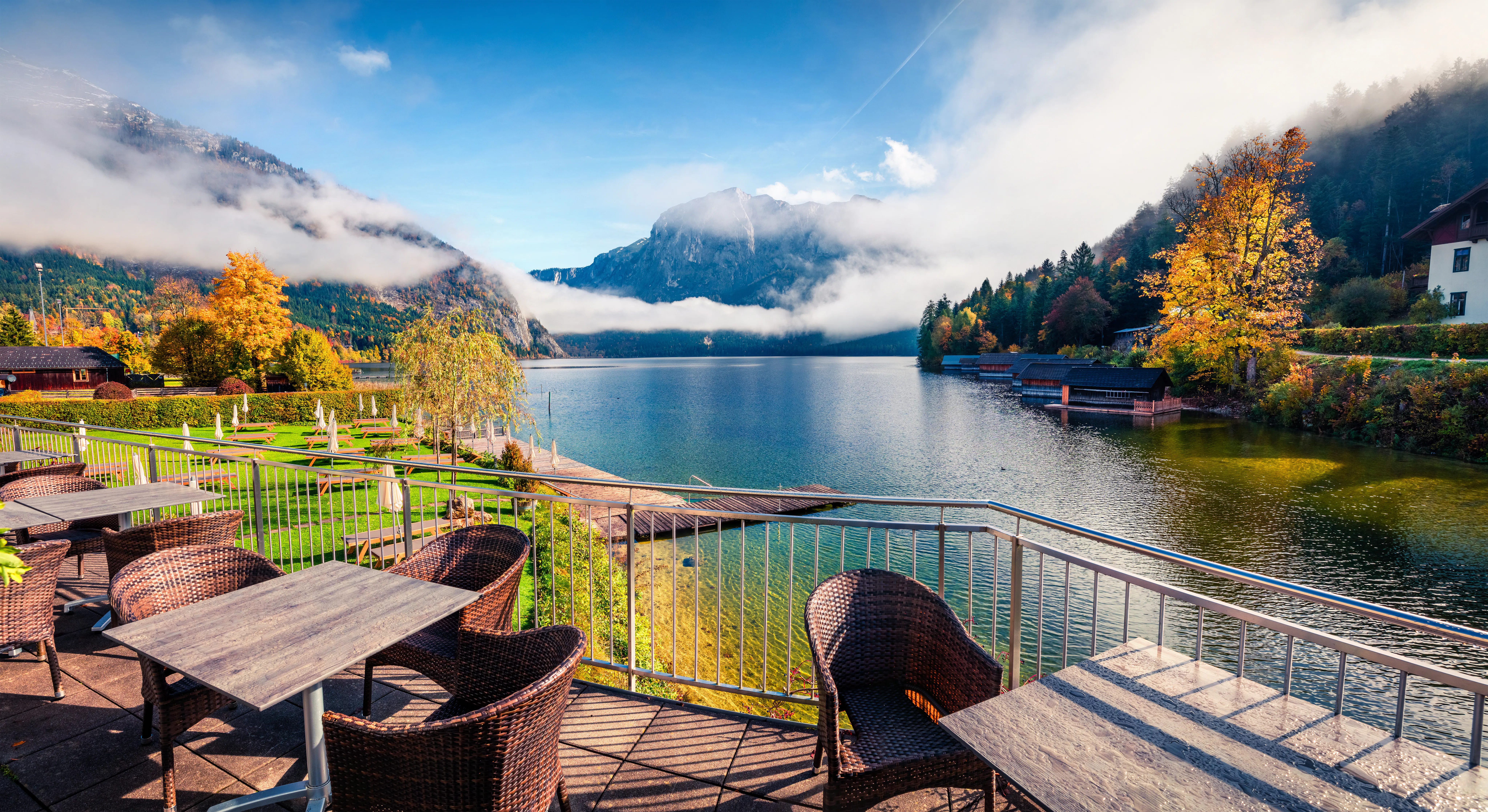 Gorgeous autumn scene of Altausseer See lake. Great morning from coze resting place in Altaussee village, district of Liezen in Styria, Austria. Beauty of countryside