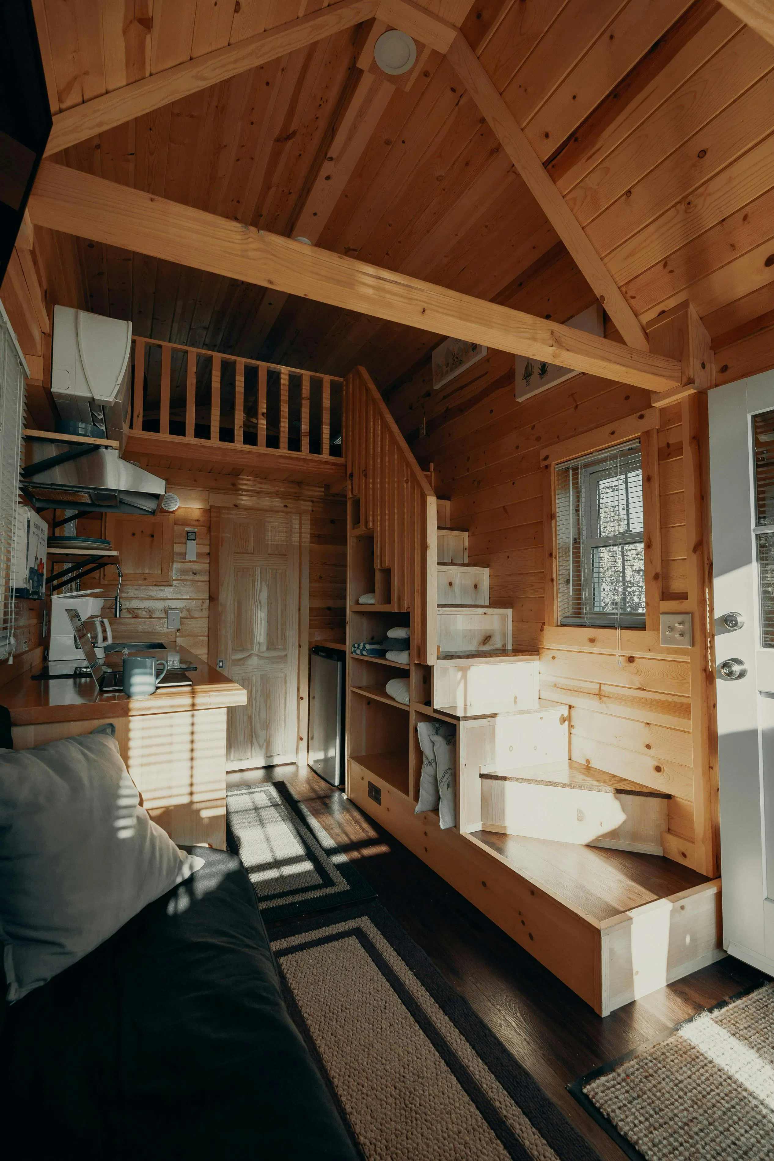 Storage under stairs in cabin