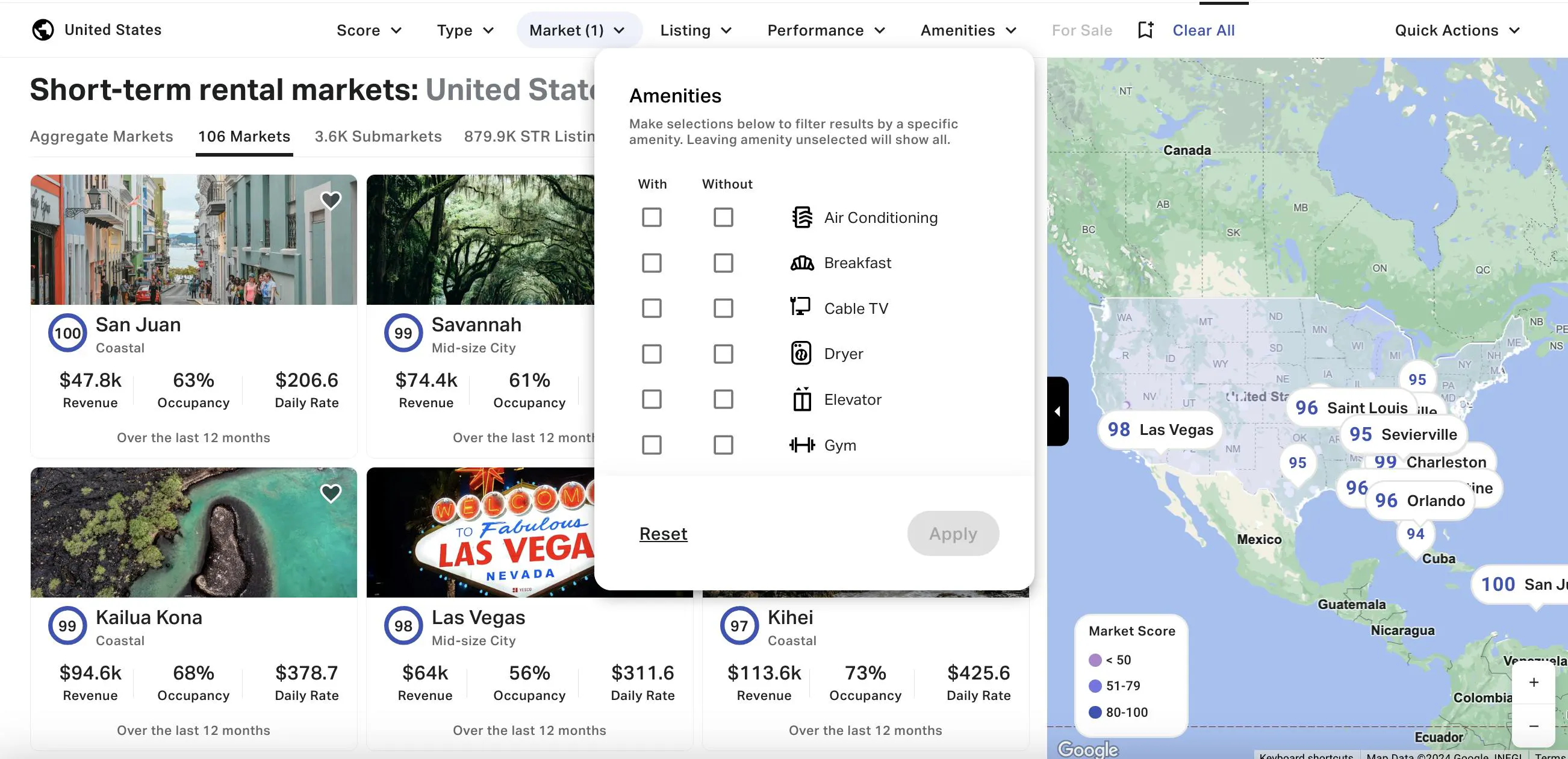 Amenities filter on AirDNA dash