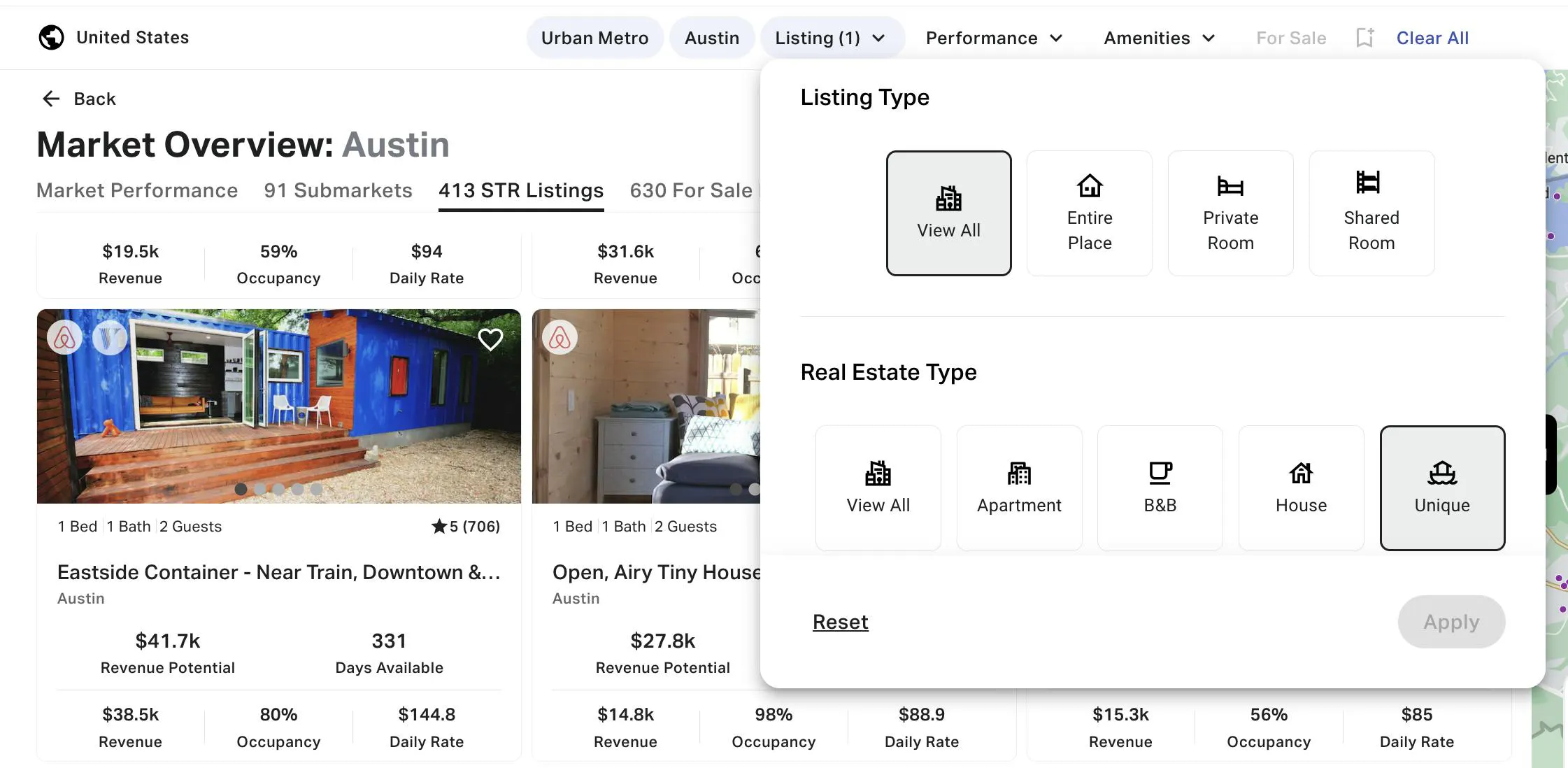 Unique listings by real estate type in Austin, Texas