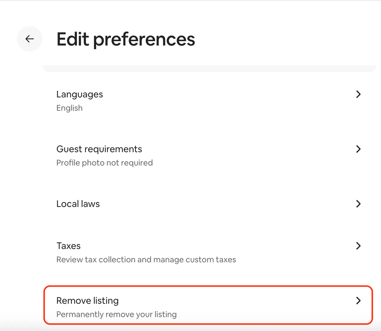 Remove listing under editor preferences Airbnb