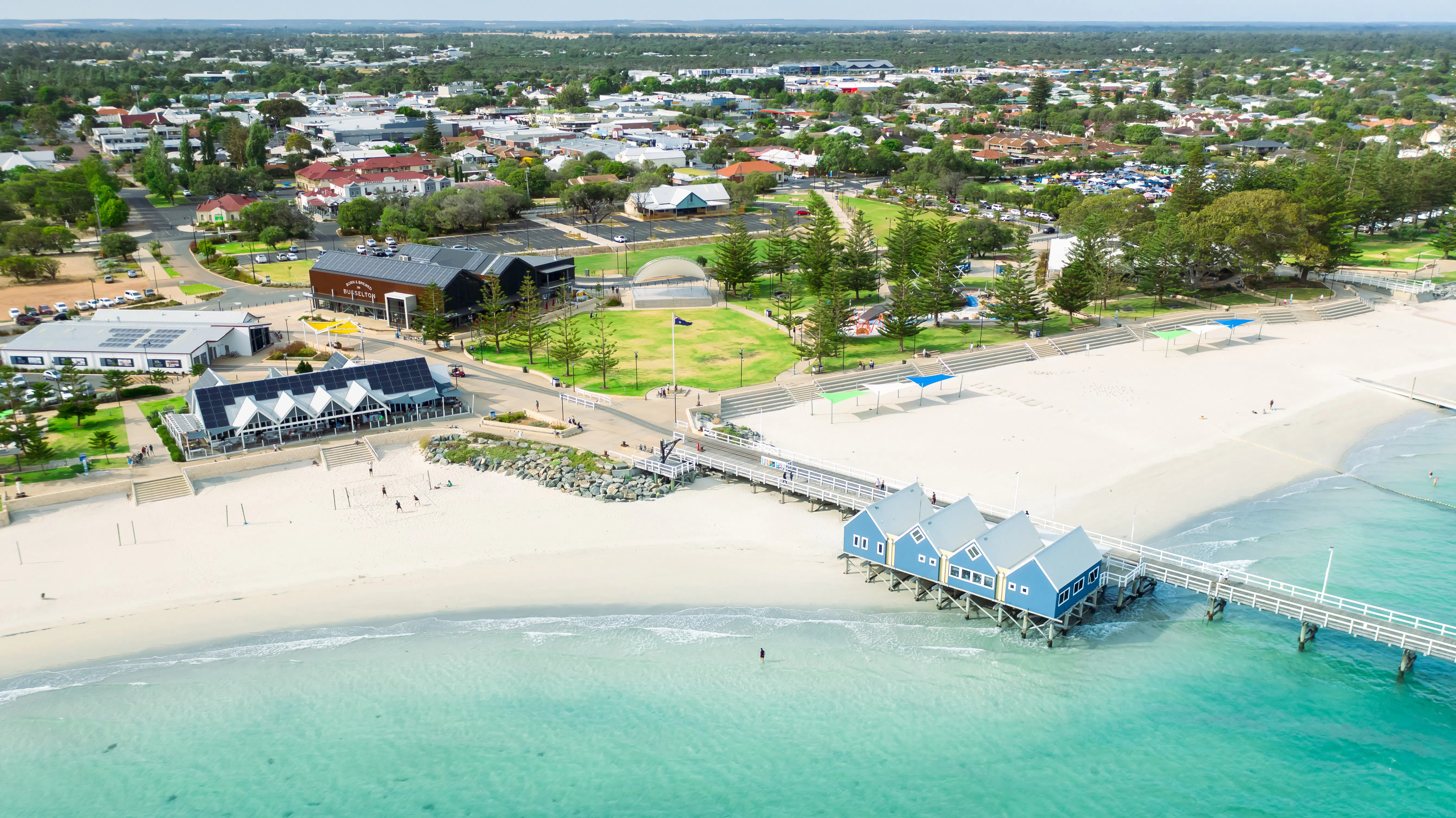 Beautiful aerial view of Busselton Jetty and city, Western Australia
