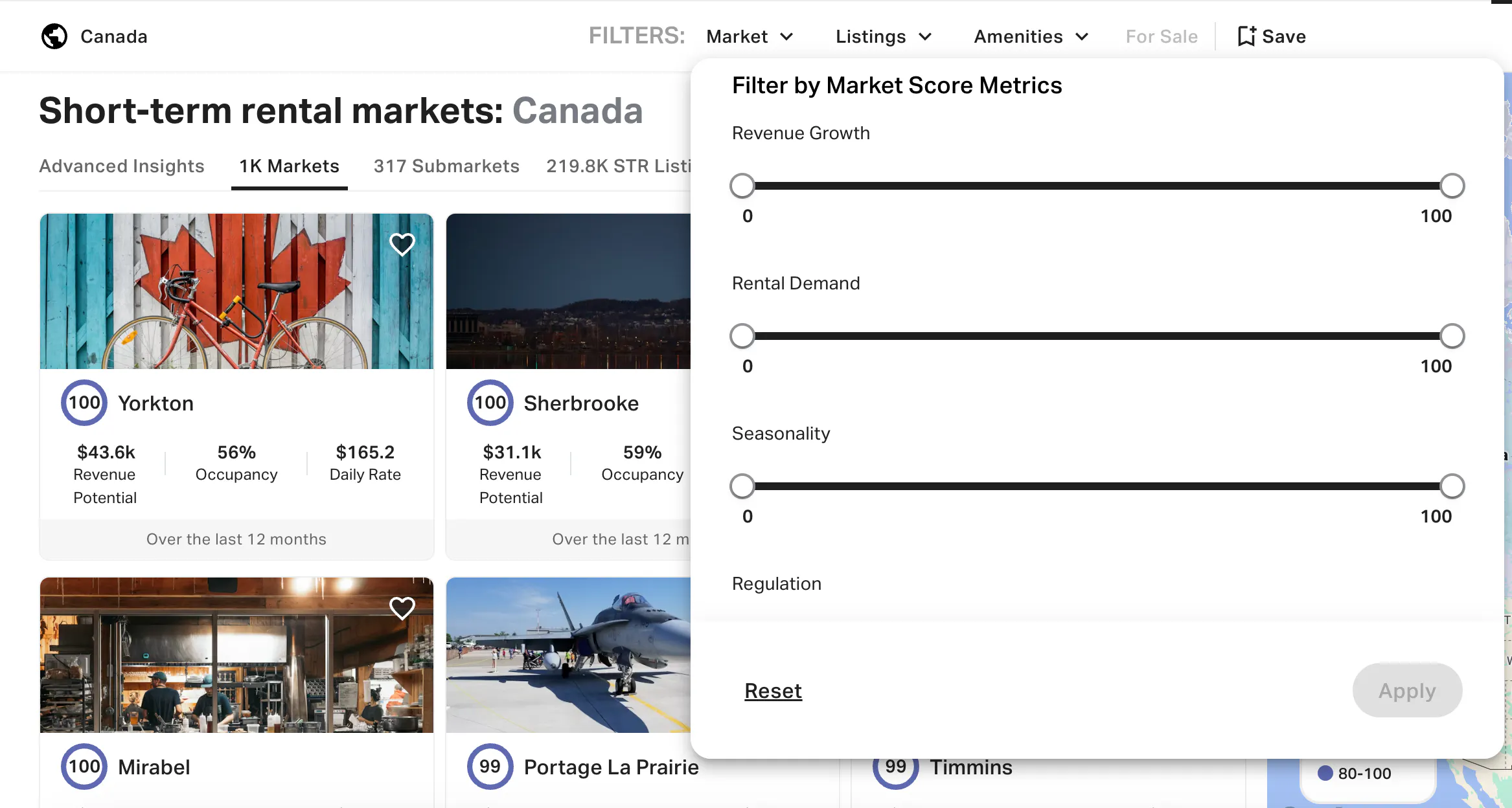 Market score metric filters in AirDNA