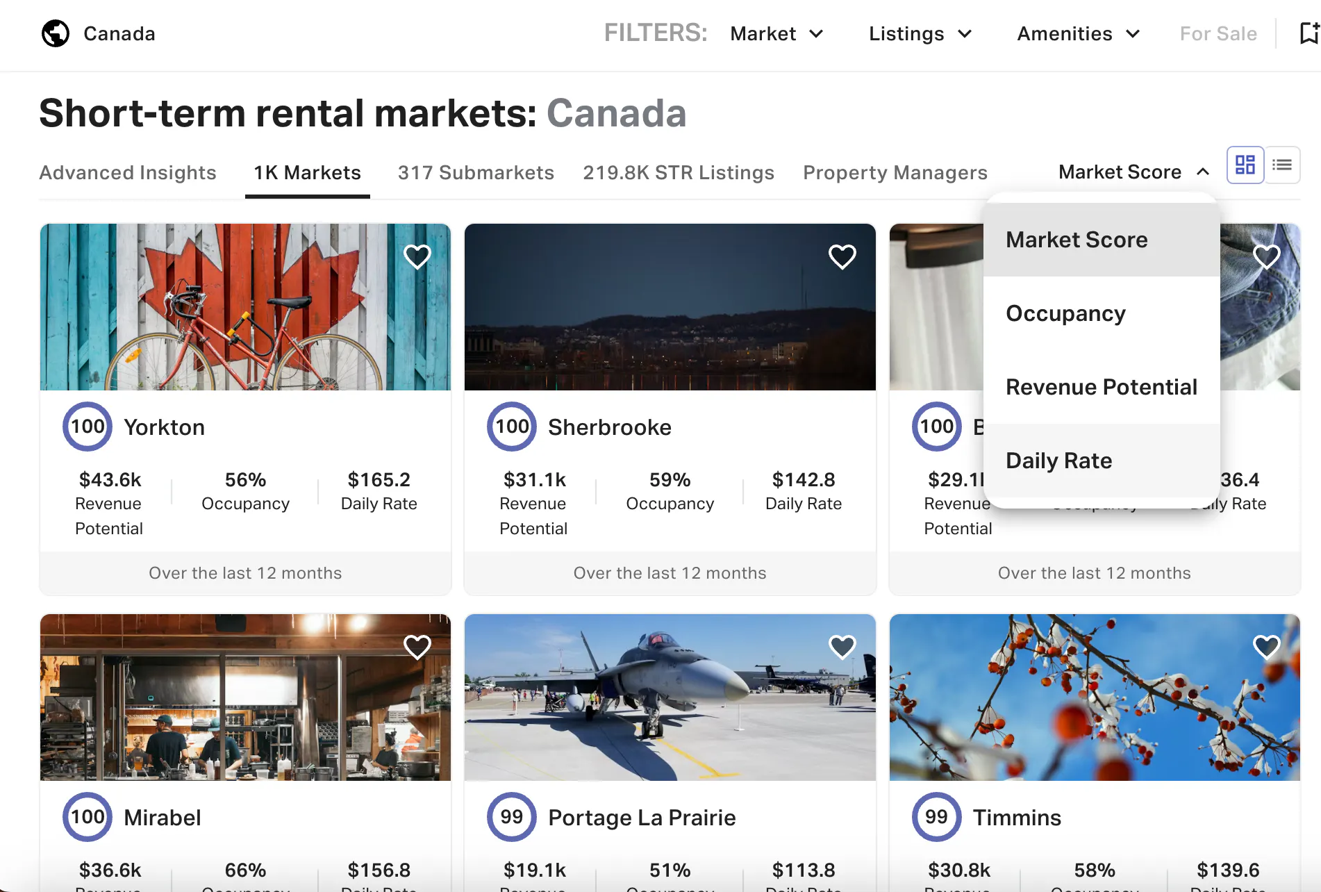 Drop down filters for market research in AirDNA