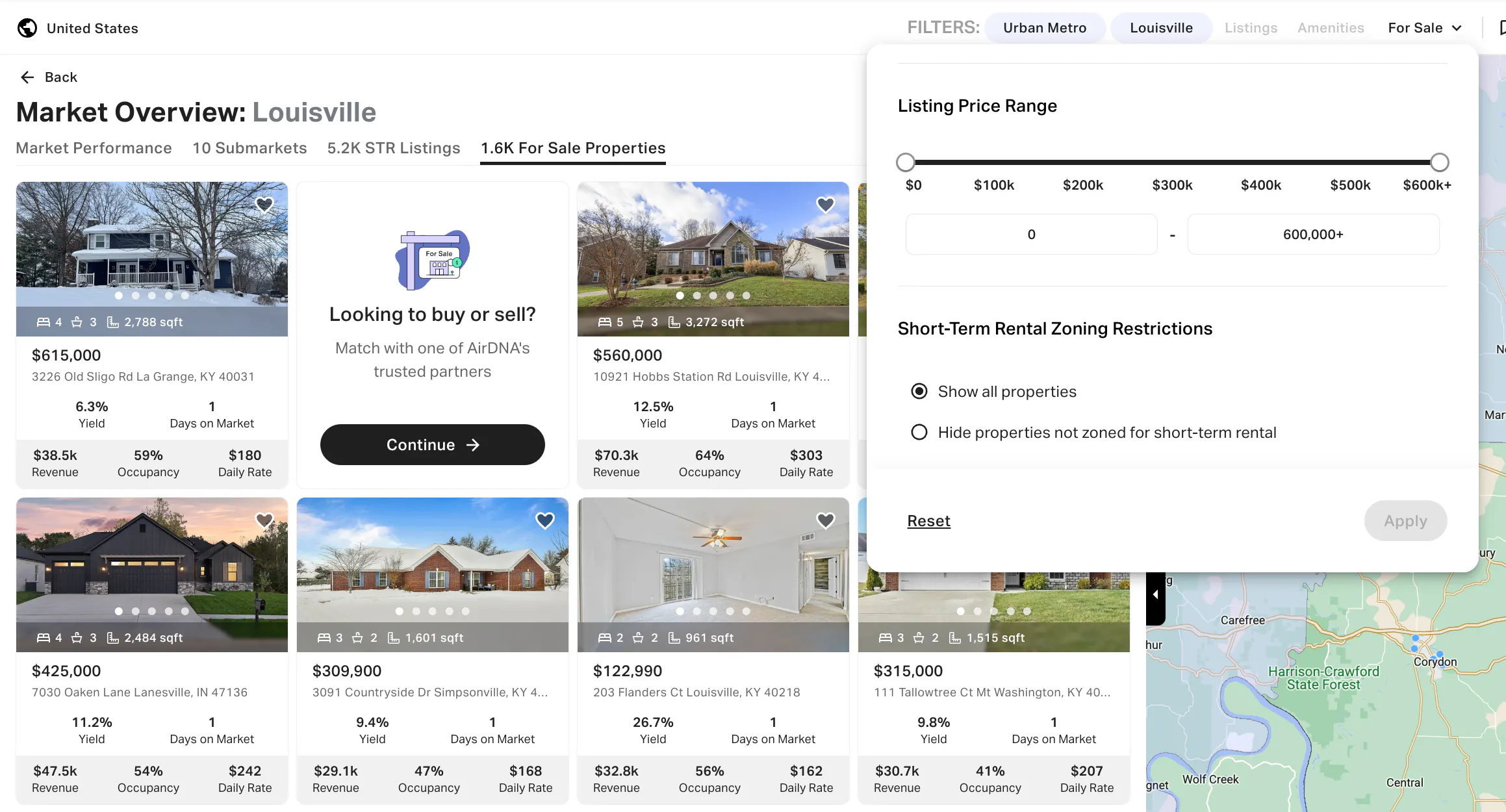 For sale properties filters in AirDNA