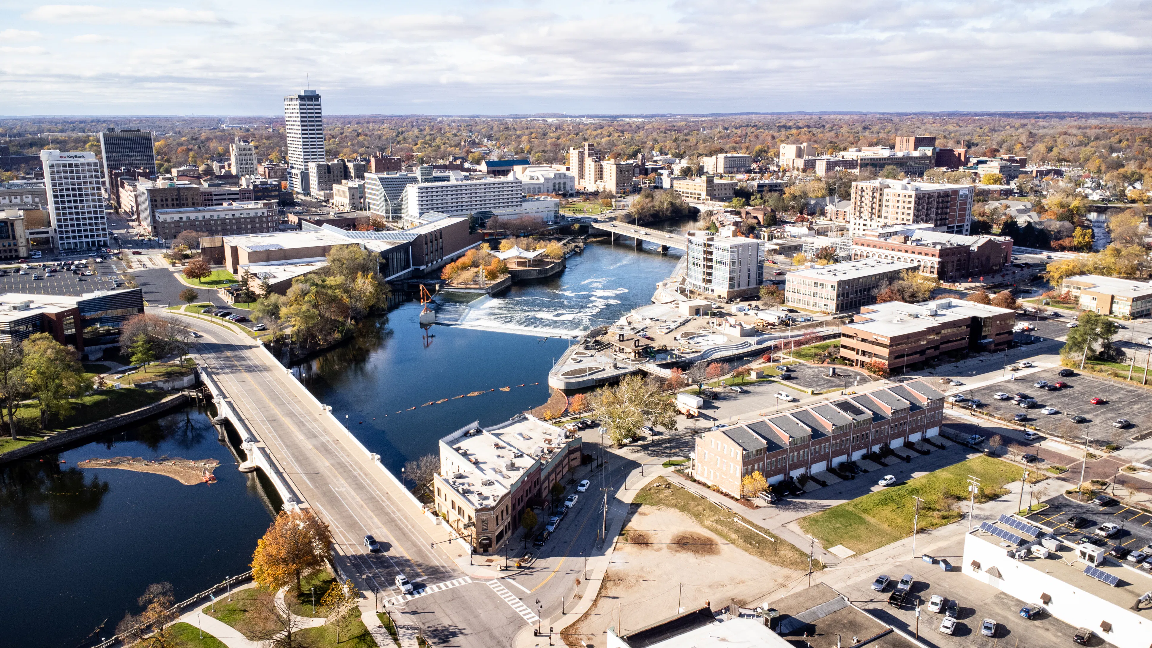Aerial photo of downtown South Bend. South Bend is a small city located in North Indiana, also known as Michiana area