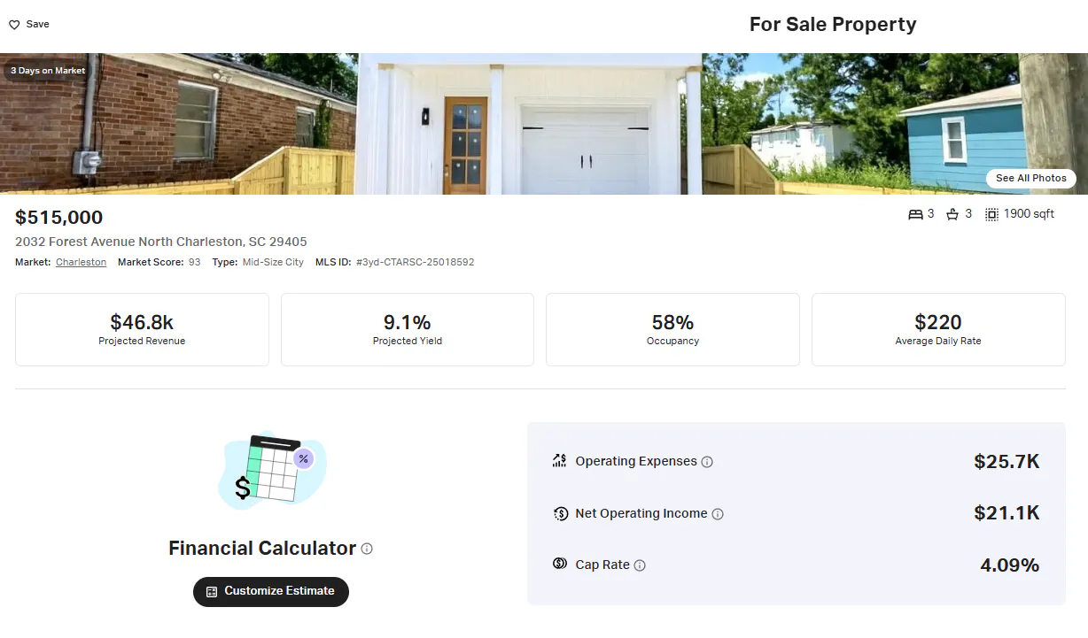 for sale property page in the AirDNA app