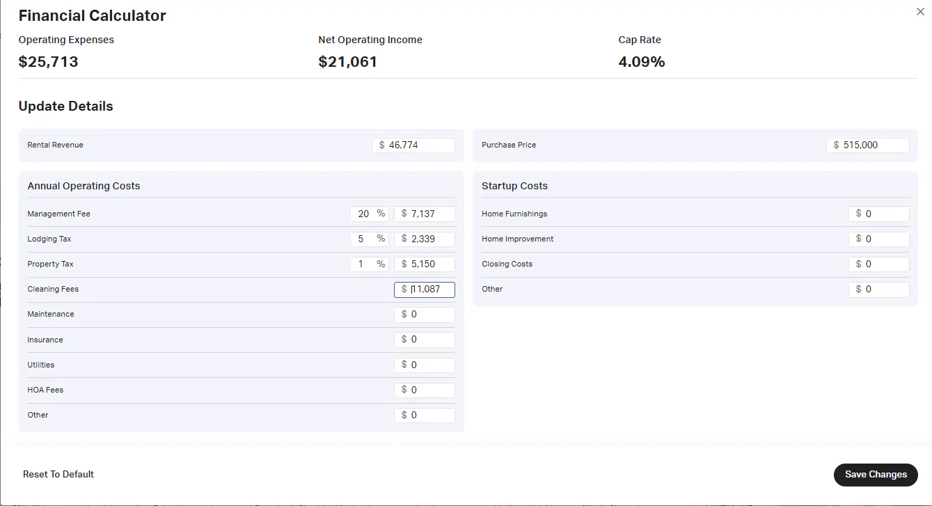 Customize financial calculator view in the AirDNA app