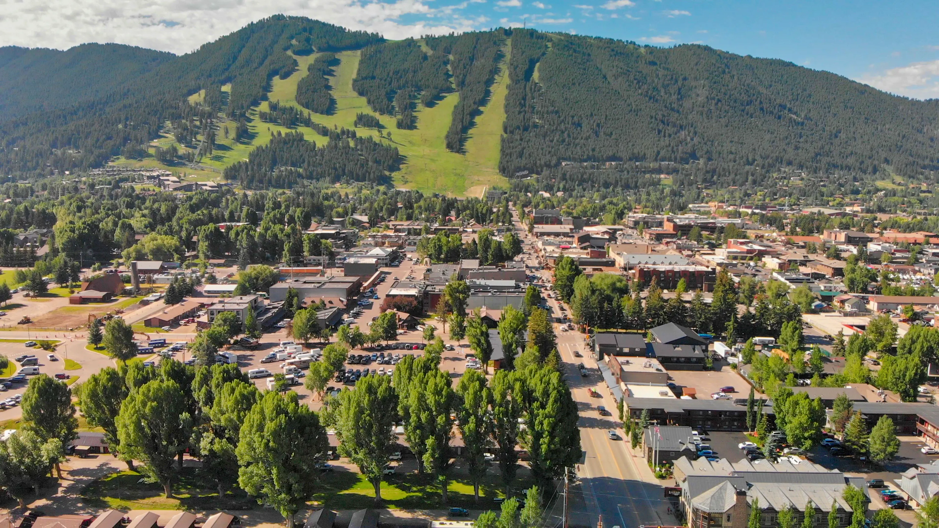 Panoramic aerial view of Jackson Hole and landscape on a beautiful summer morning.