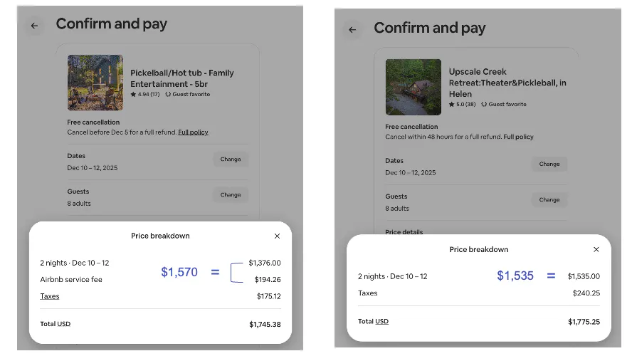 2 Airbnb listings with pricing shown at checkout, one with split fee and one with single service fee