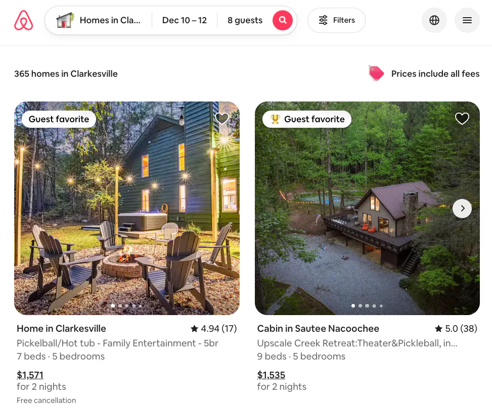 Airbnb listings with pricing shown side by side