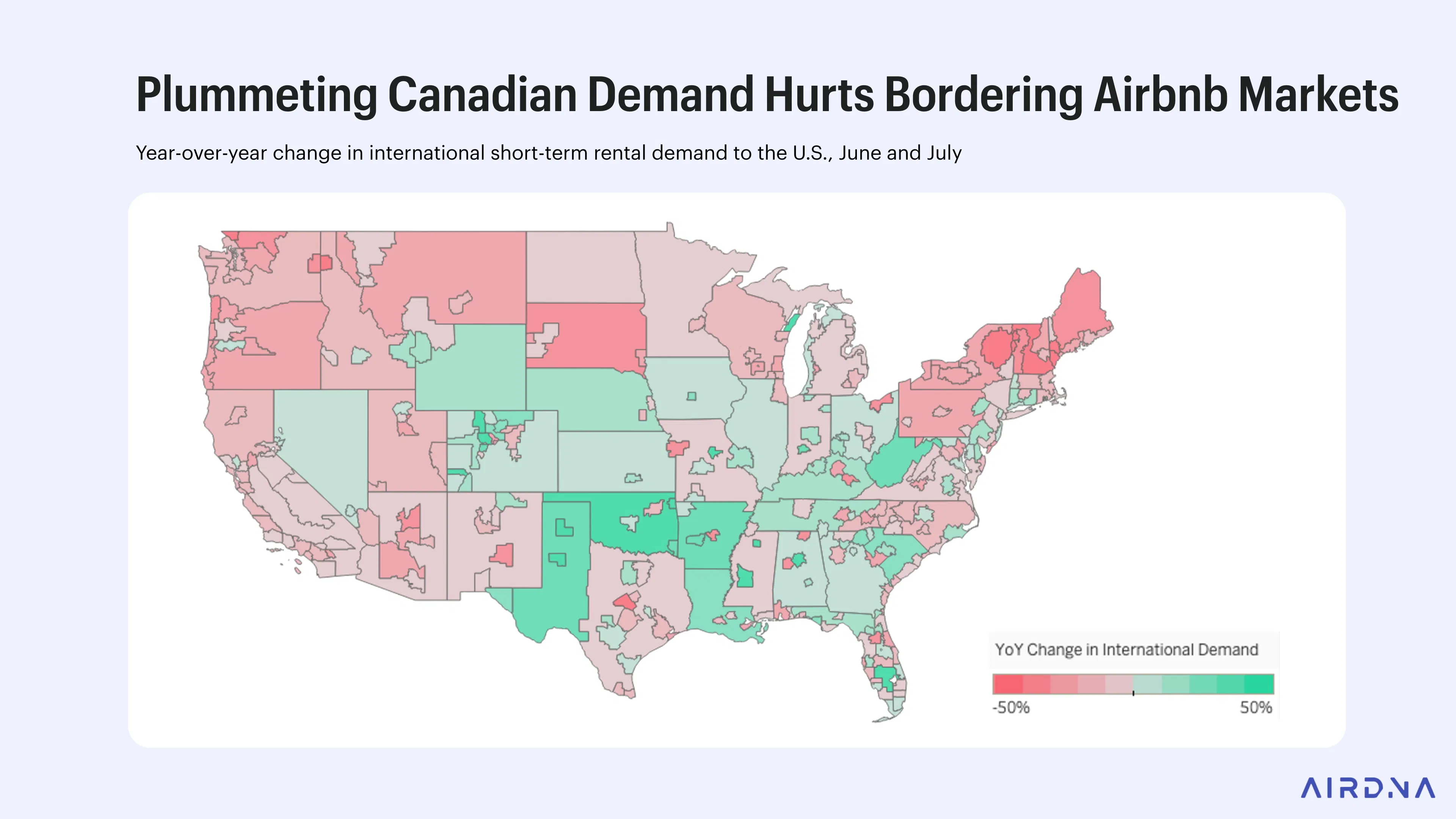 Canadians map showing 2025 summer YoY shifts in international STR demand, with sharp drops in Canadian border markets.