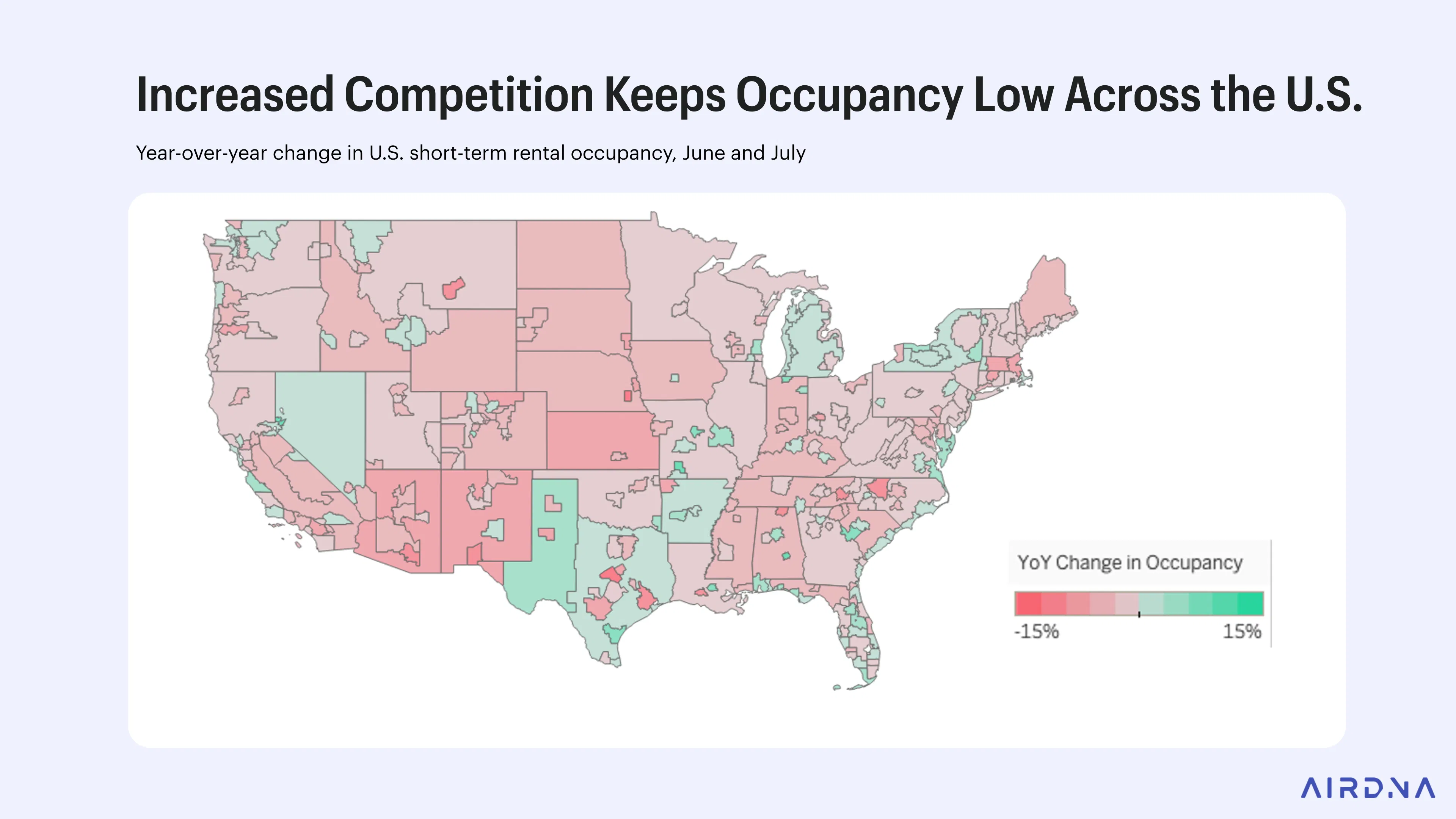 Canadians map of summer 2025 STR occupancy shows widespread declines, with many markets filling fewer nights.