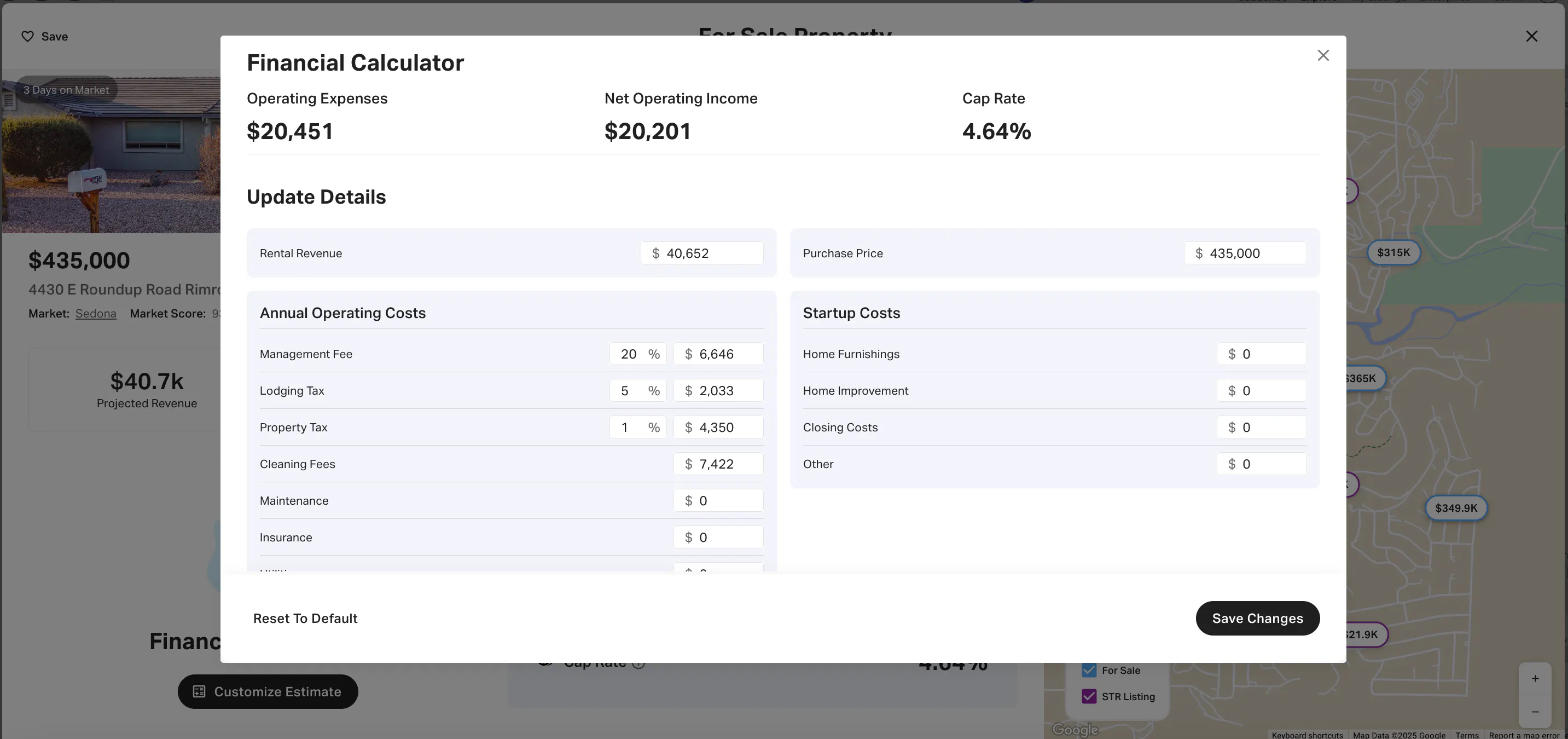 AirDNA Financial Calculator showing $20,451 Operating Expenses and editable cost fields.