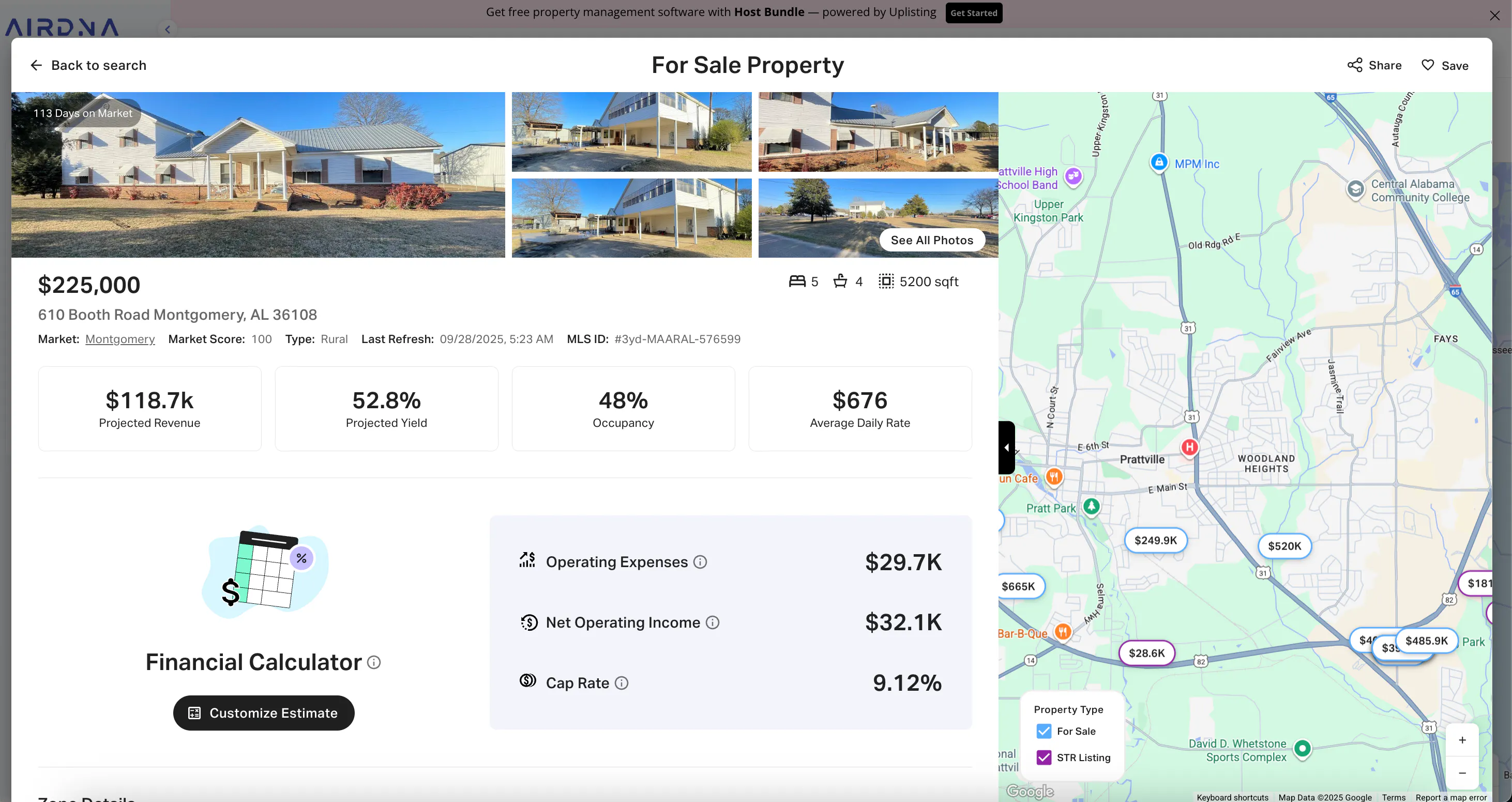 AirDNA For Sale Property for $225,000, showing $118.7K Projected Revenue and a financial calculator.