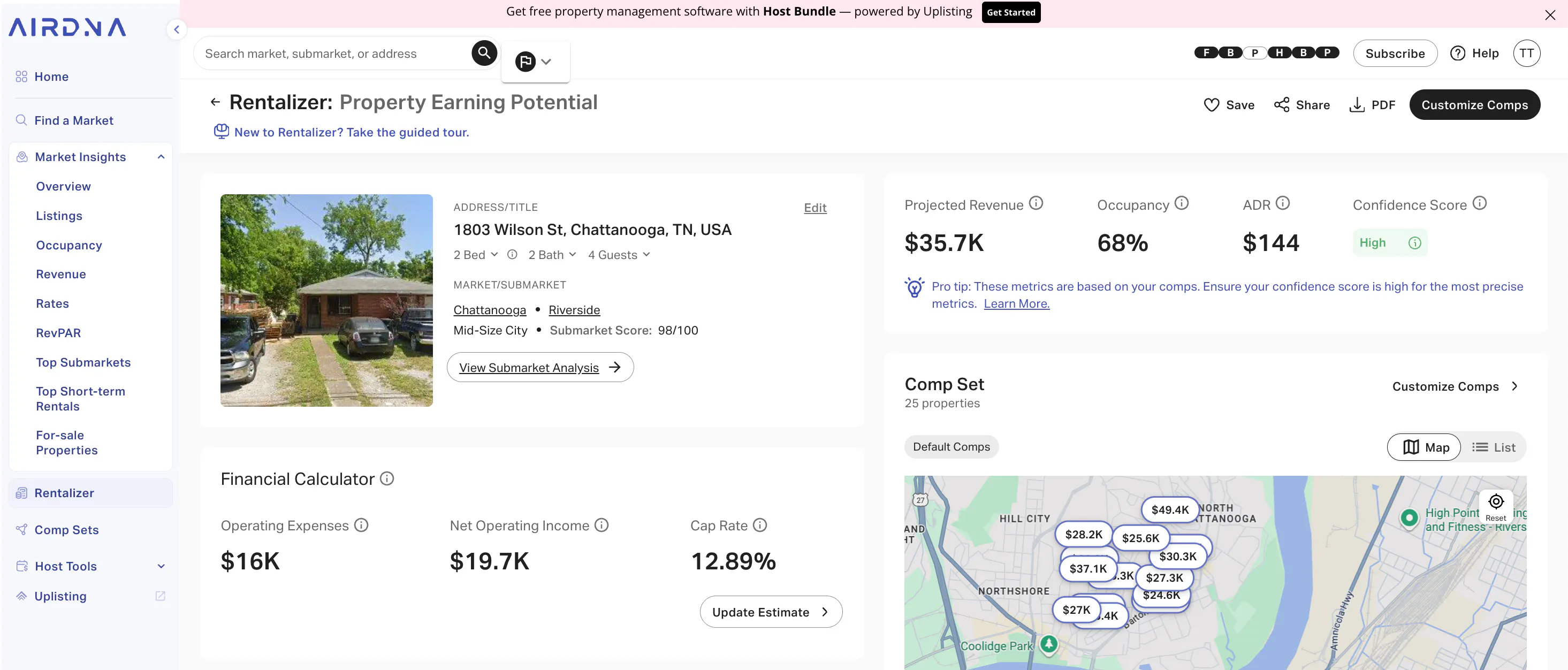 AirDNA Rentalizer showing property earning potential: $35.7K Projected Revenue and 68% Occupancy