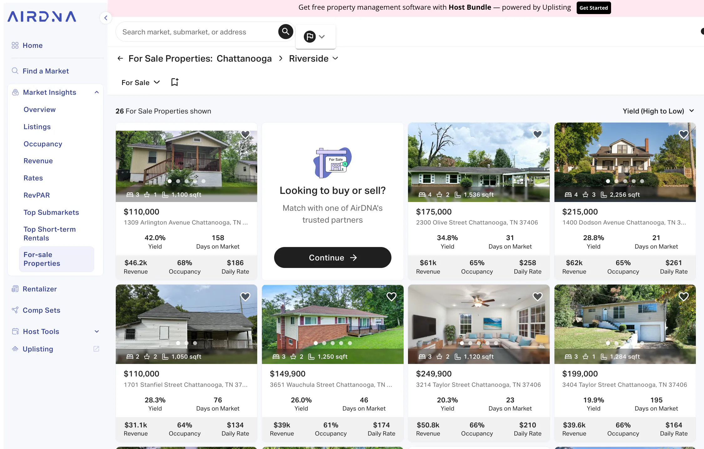 AirDNA For-Sale Properties list for Chattanooga, showing a property for $110,000 with 42% Yield.