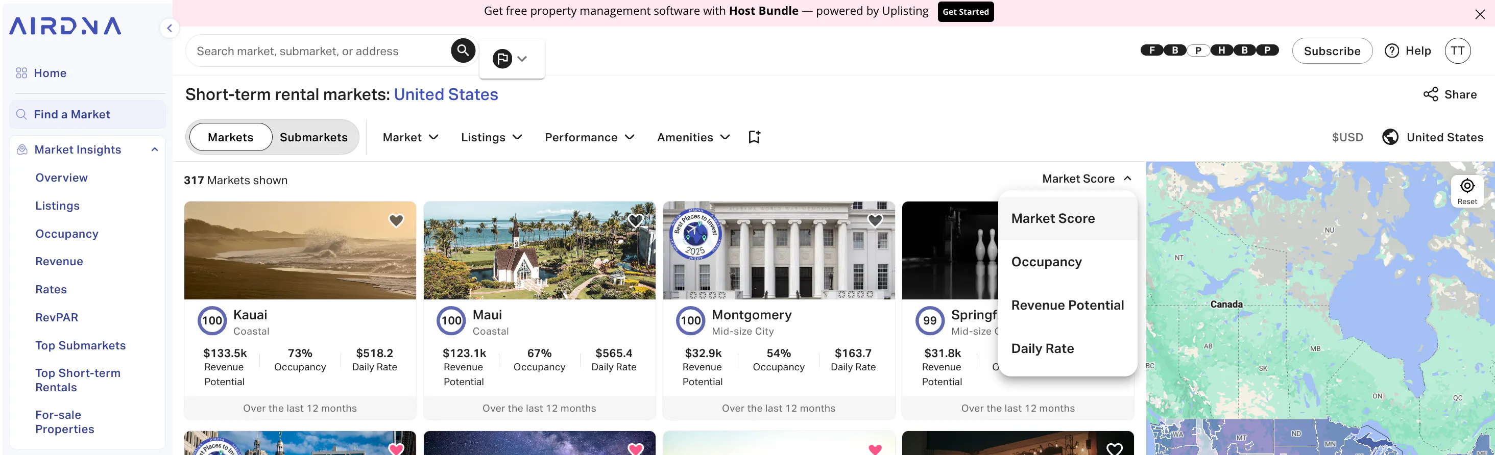AirDNA listing 317 short-term rental markets in the United States, with the Market Score filter active.