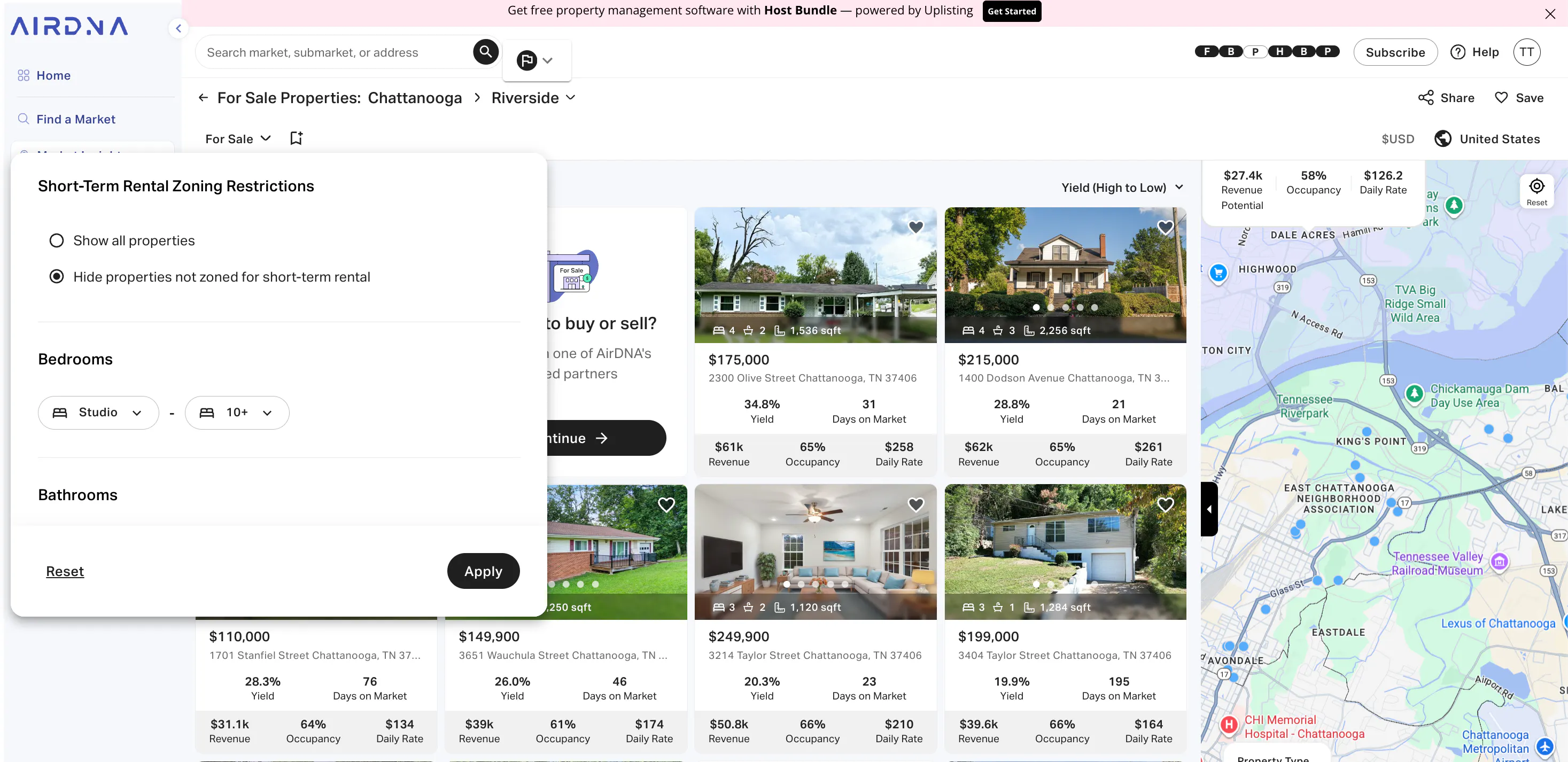 AirDNA Short-Term Rental Zoning Restrictions filter, used to exclude properties that are not zoned.