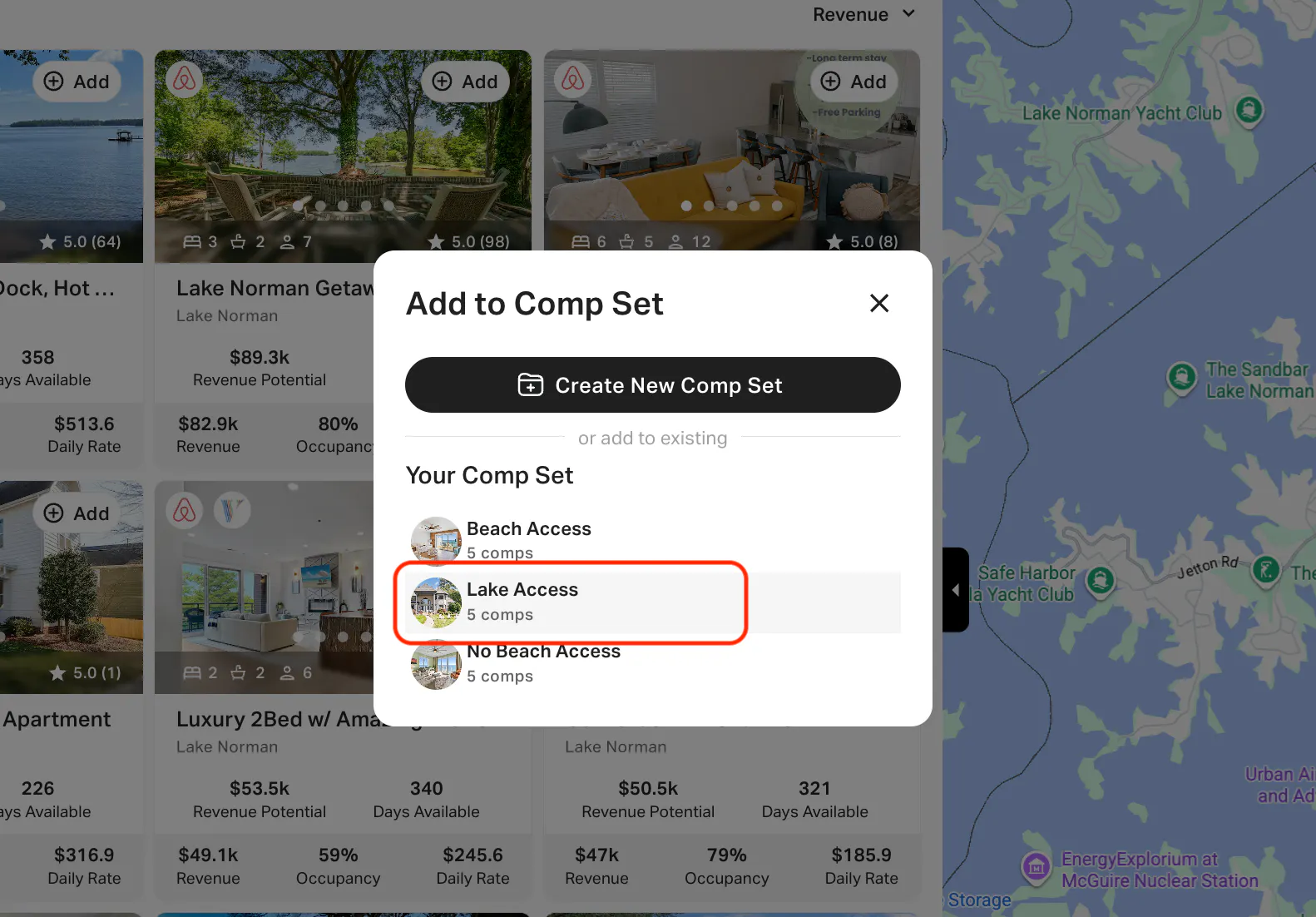 AirDNA 'Add to Comp Set' pop-up, highlighting the 'Lake Access' comparative set with 5 properties.