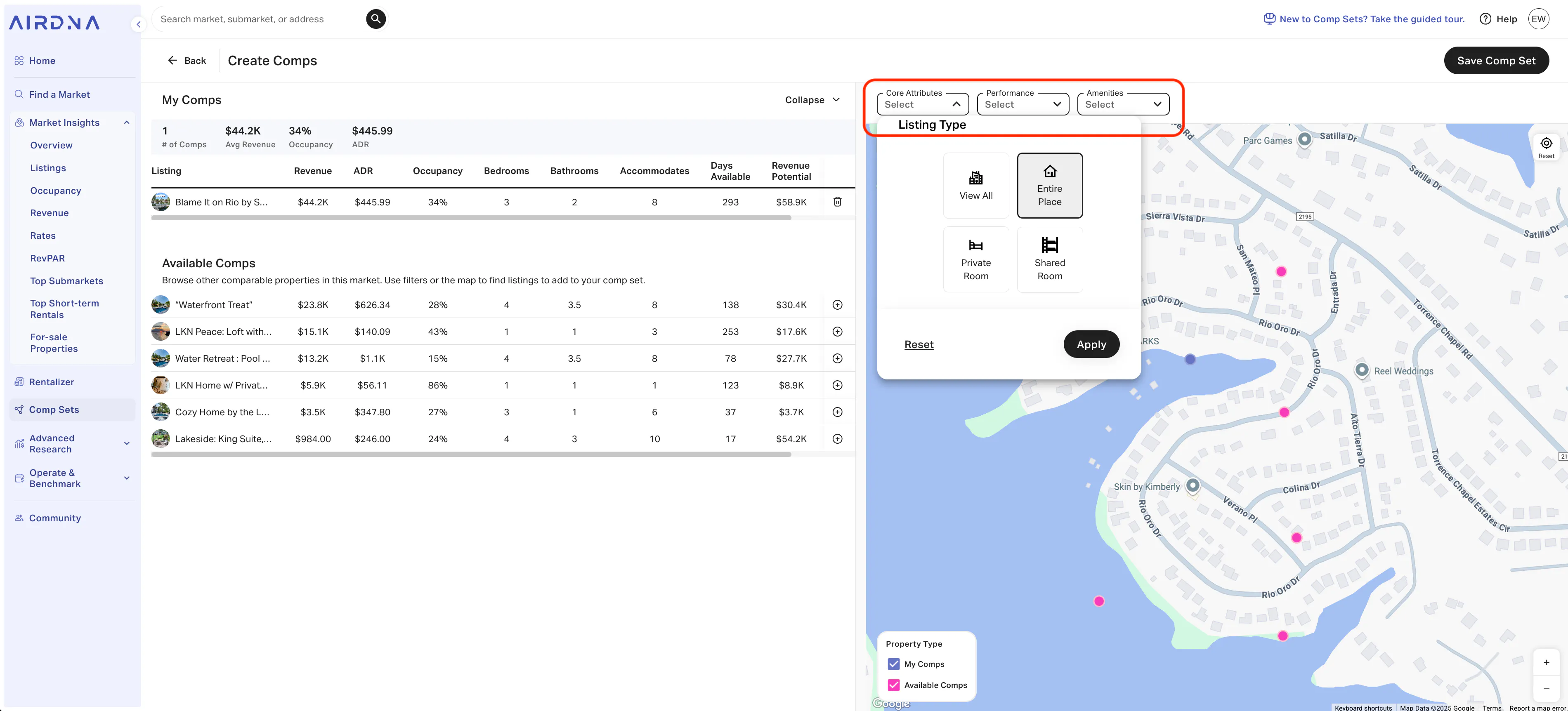 AirDNA 'Create Comps' page showing filters for 'Core 450 Listings' and 'Listing Type' with 'Entire Place' selected.