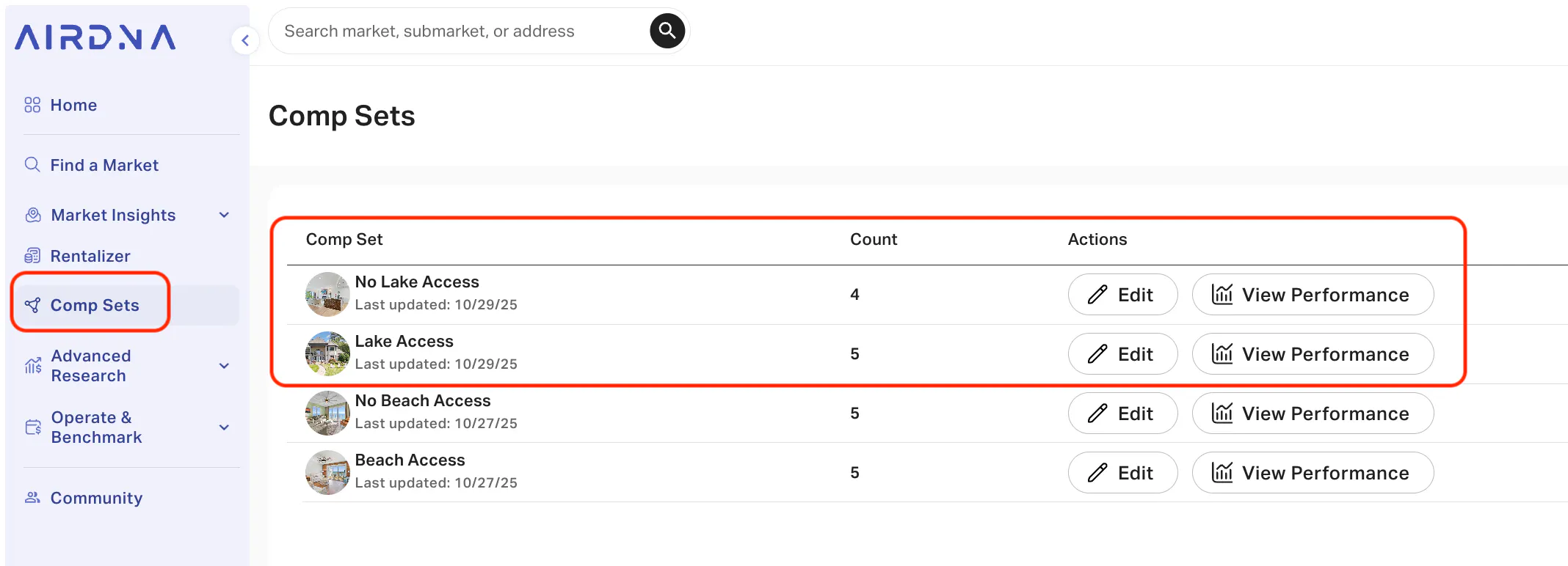 AirDNA 'Comp Sets' list showing 'No Lake Access' and 'Lake Access' with 4 and 5 listings, respectively.