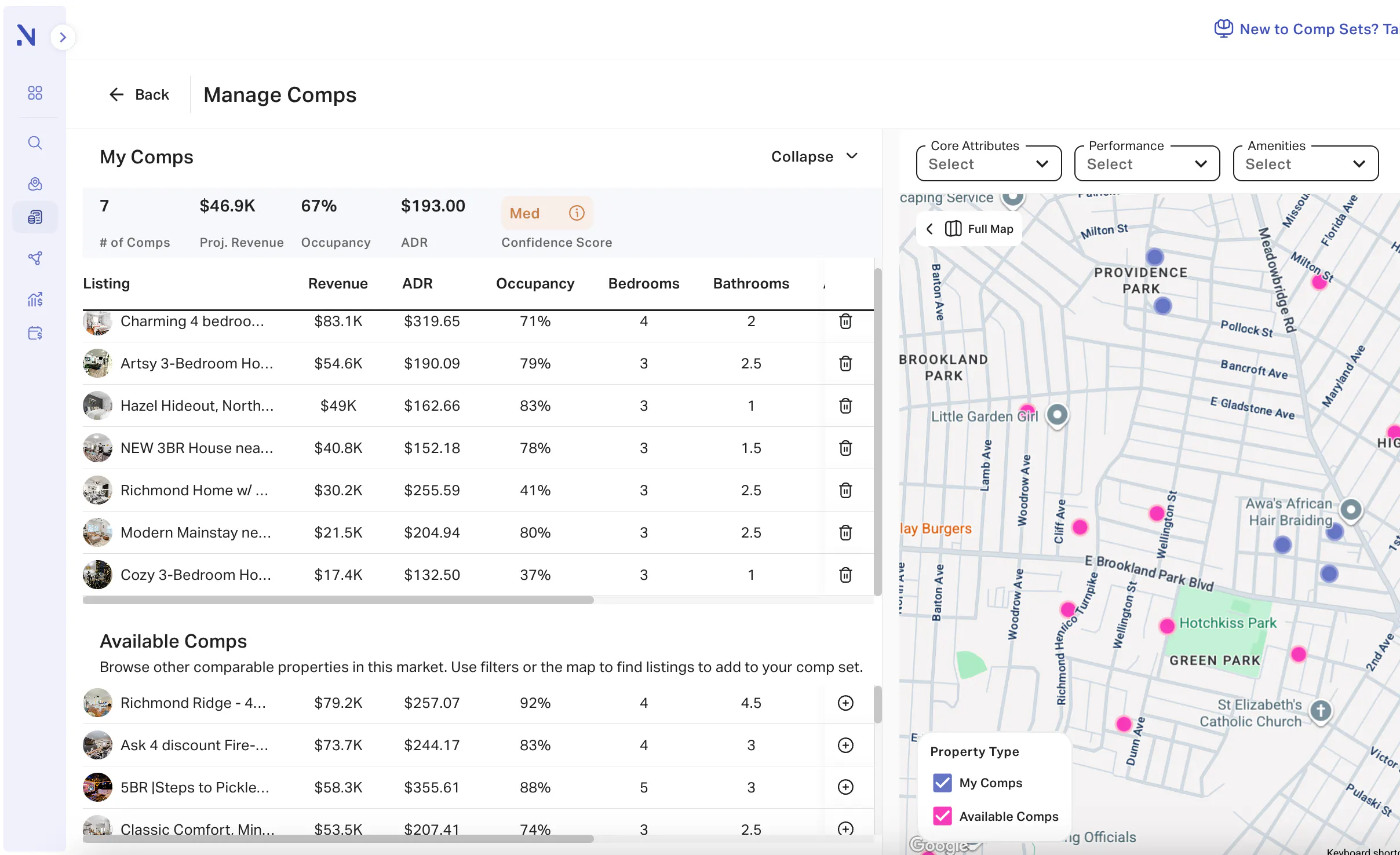 AirDNA 'Manage Comps' view showing personalized comp set data, map, and filters for refining the analysis.
