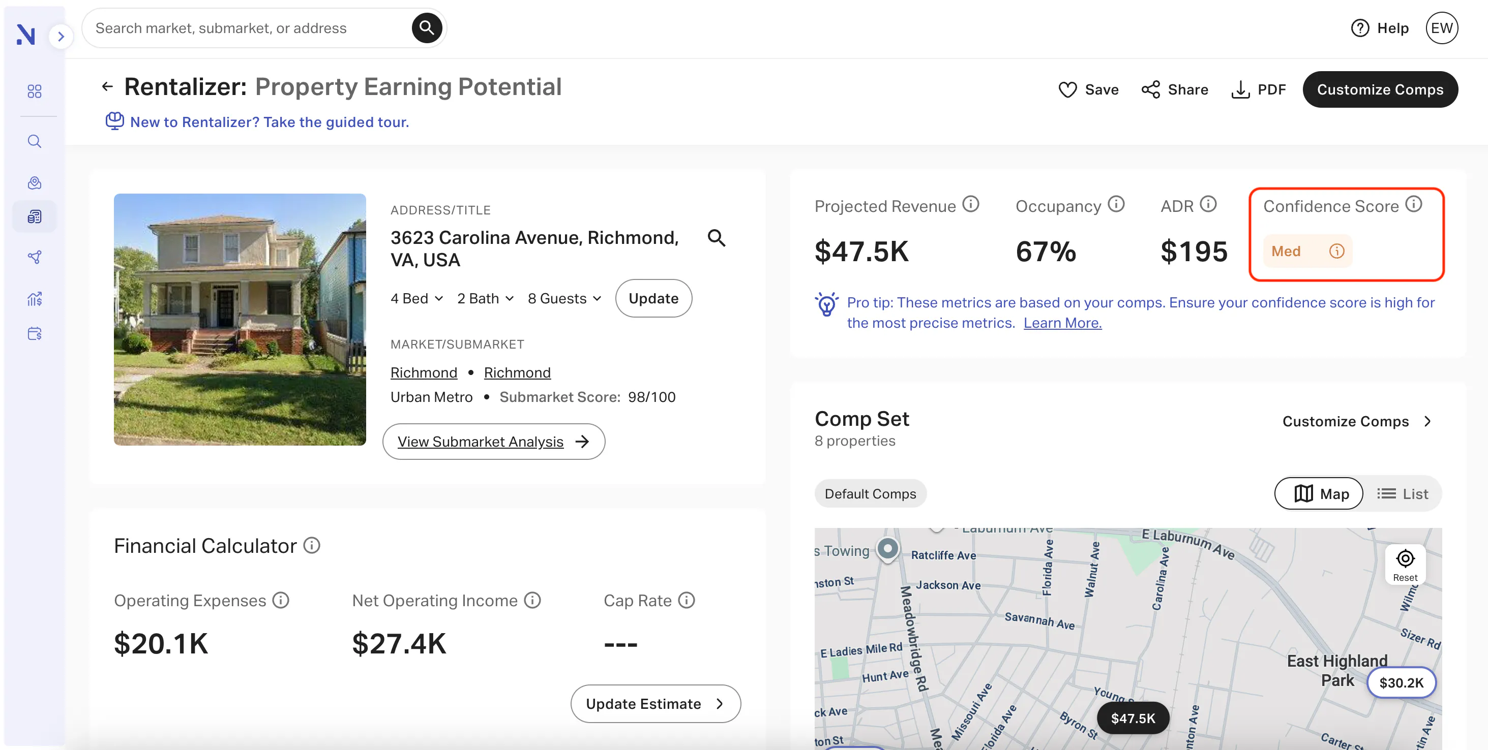 AirDNA Rentalizer report for 3623 Carolina Avenue, showing $47.5K Projected Revenue and Medium Confidence Score.