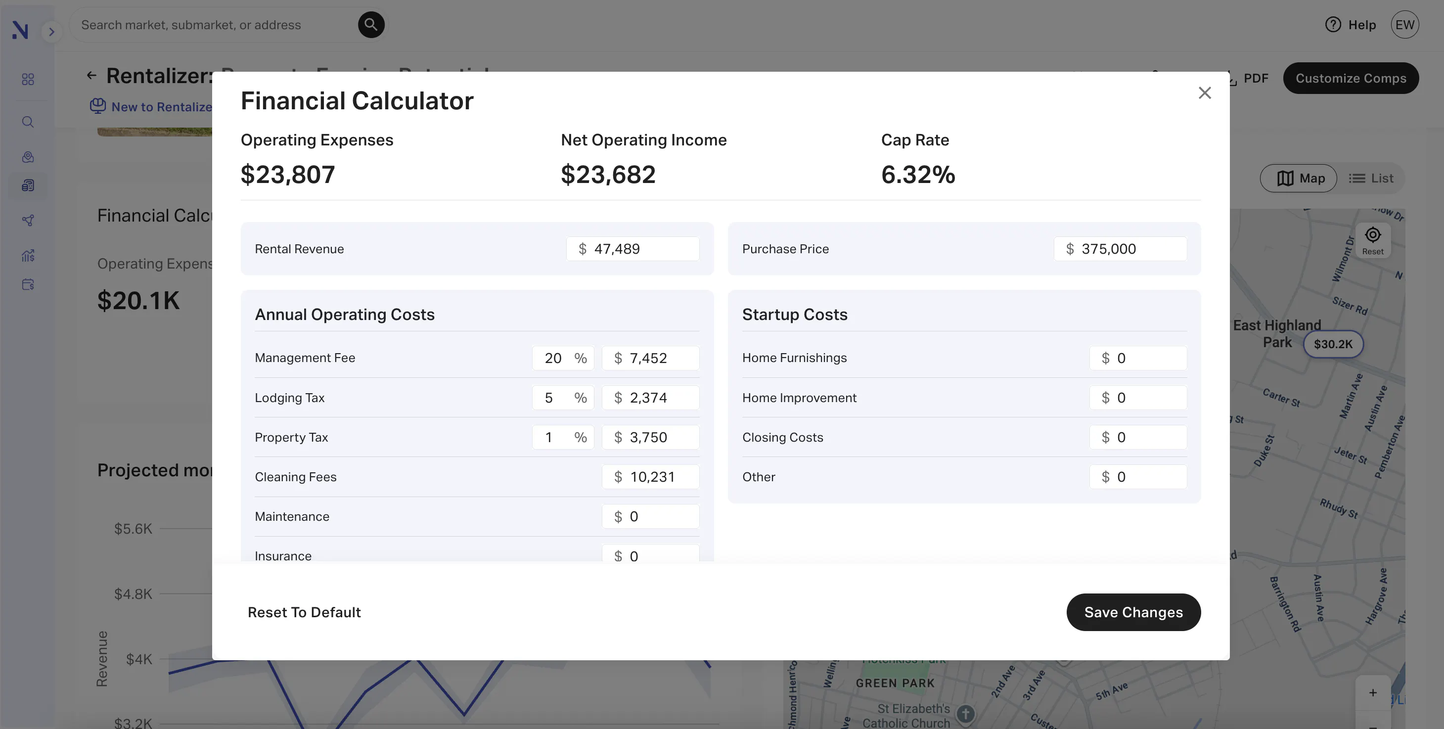AirDNA Rentalizer Financial Calculator pop-up, showing Operating Expenses, Net Operating Income, and Cap Rate.