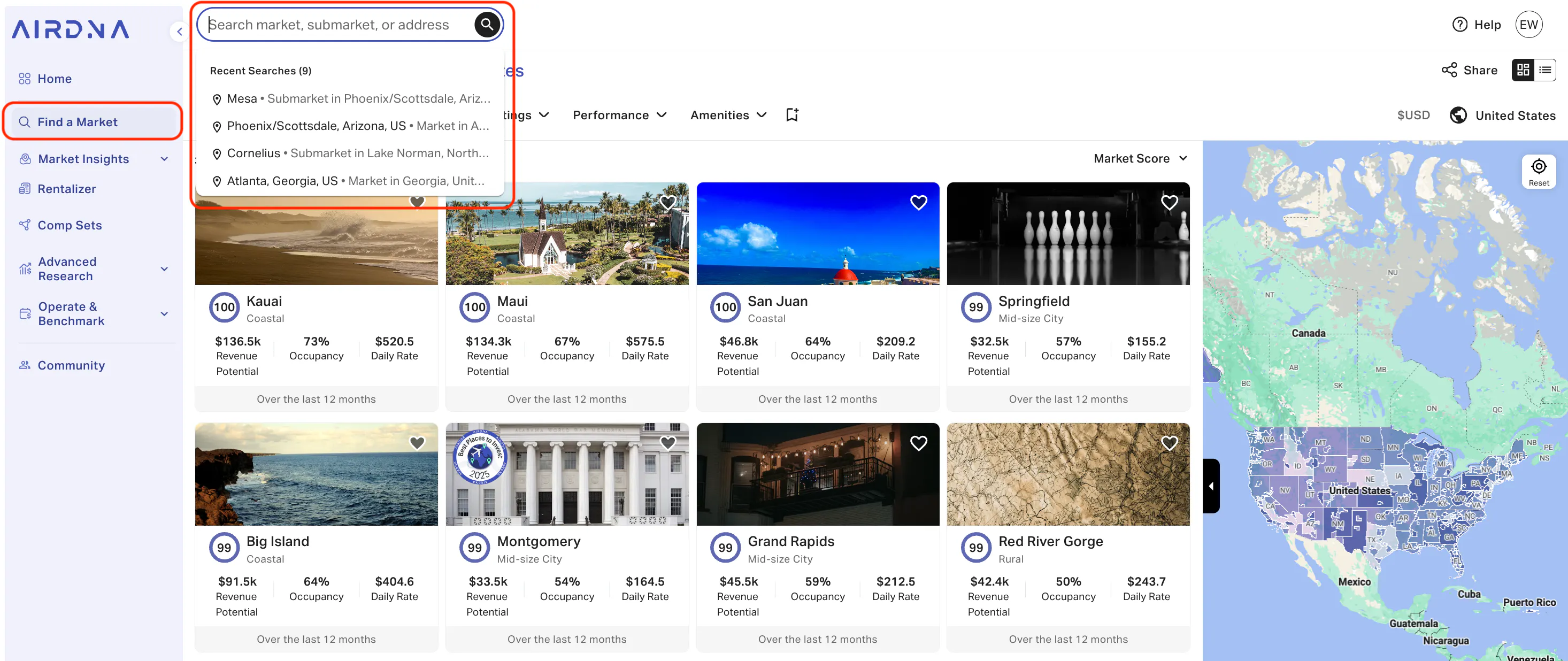 AirDNA 'Find a Market' search bar highlighted, showing recent searches for various US and international locations.