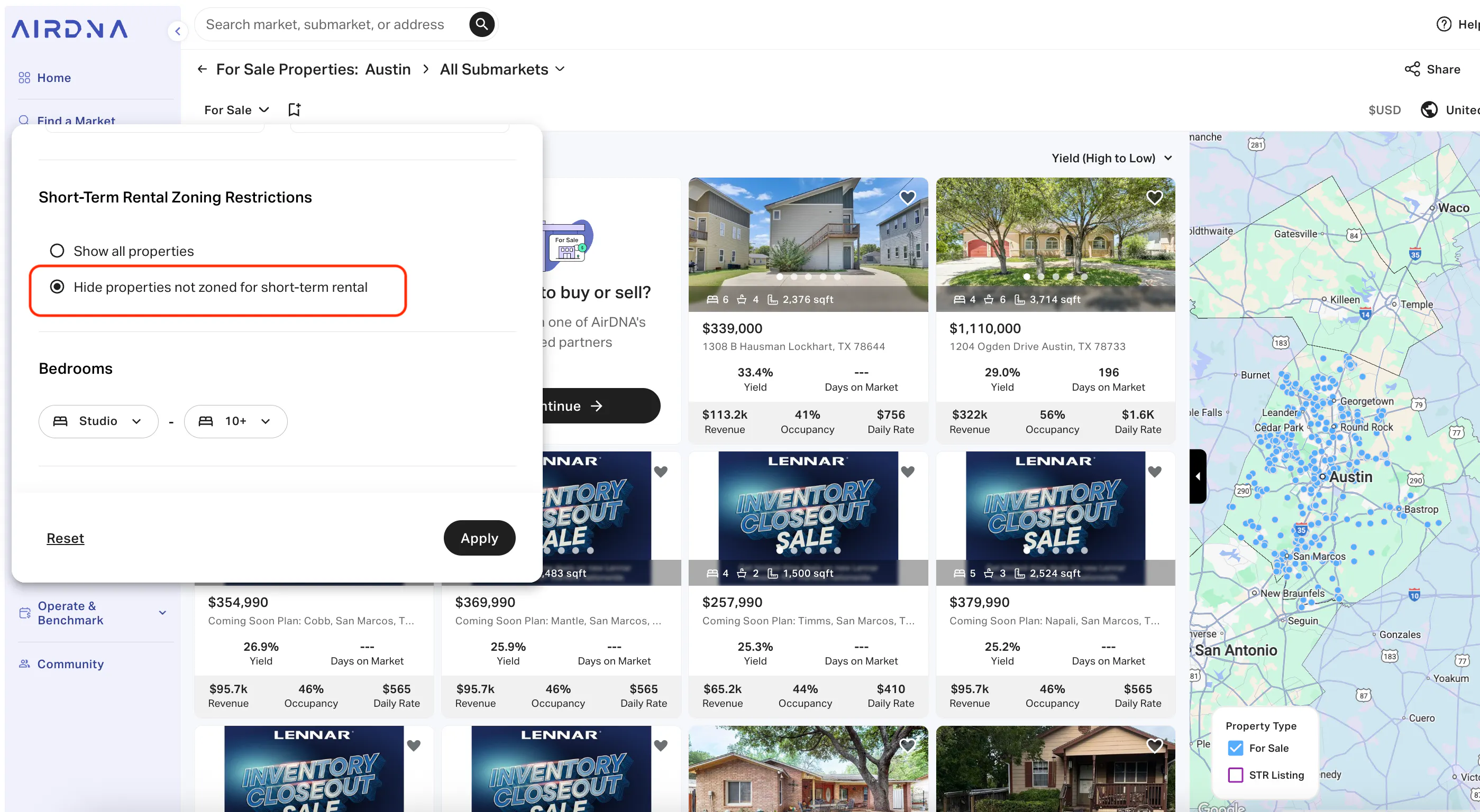 AirDNA 'For Sale Properties' filter open, highlighting 'Hide properties not zoned for short-term rental' selection.
