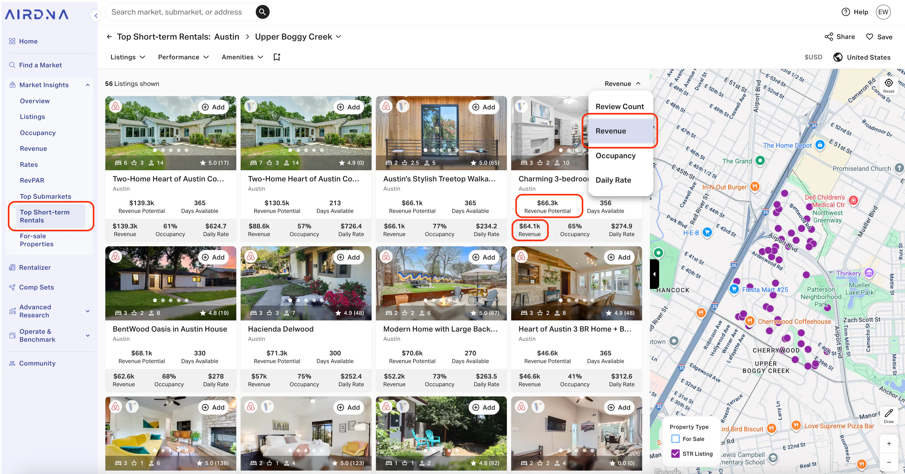 AirDNA 'Top Short-term Rentals' for Upper Boggy Creek, showing listing cards with Revenue and Review Count filters highlighted.