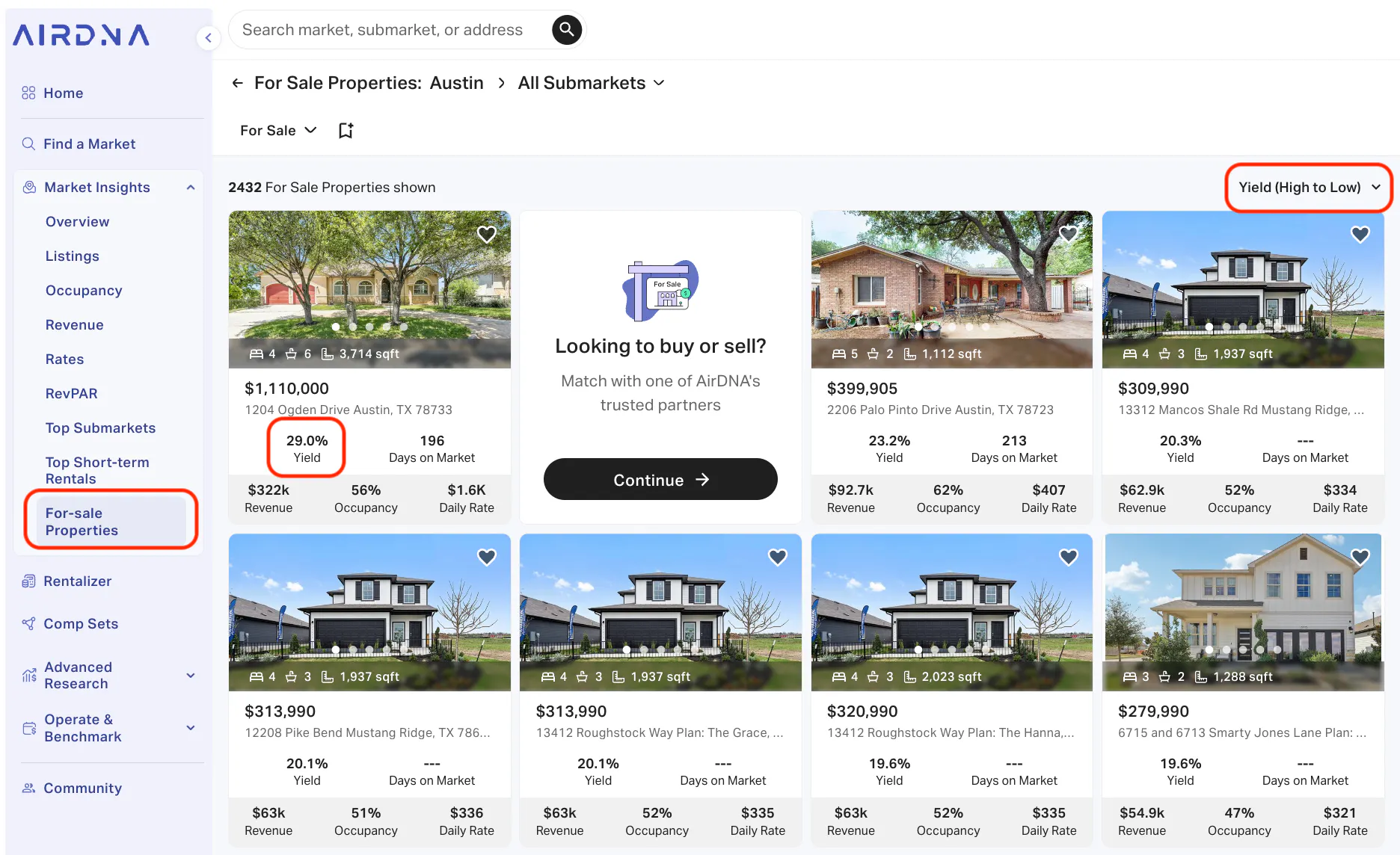 AirDNA For Sale Properties listings, showing revenue projections and sorted by yield (high to low).