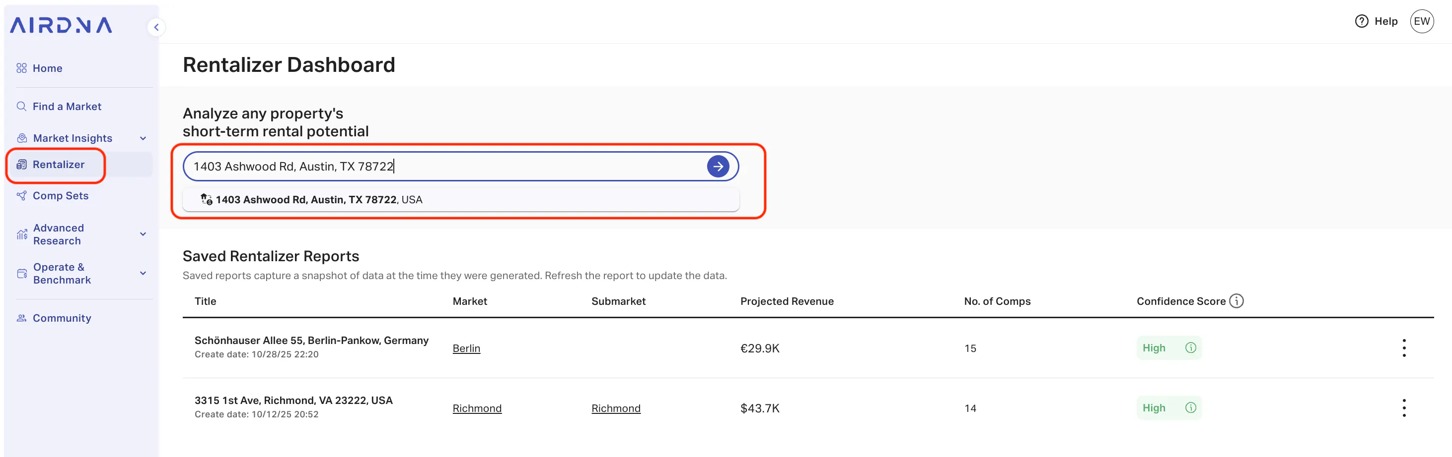 AirDNA Rentalizer Dashboard, highlighting the address input field for analyzing a property's short-term rental potential.