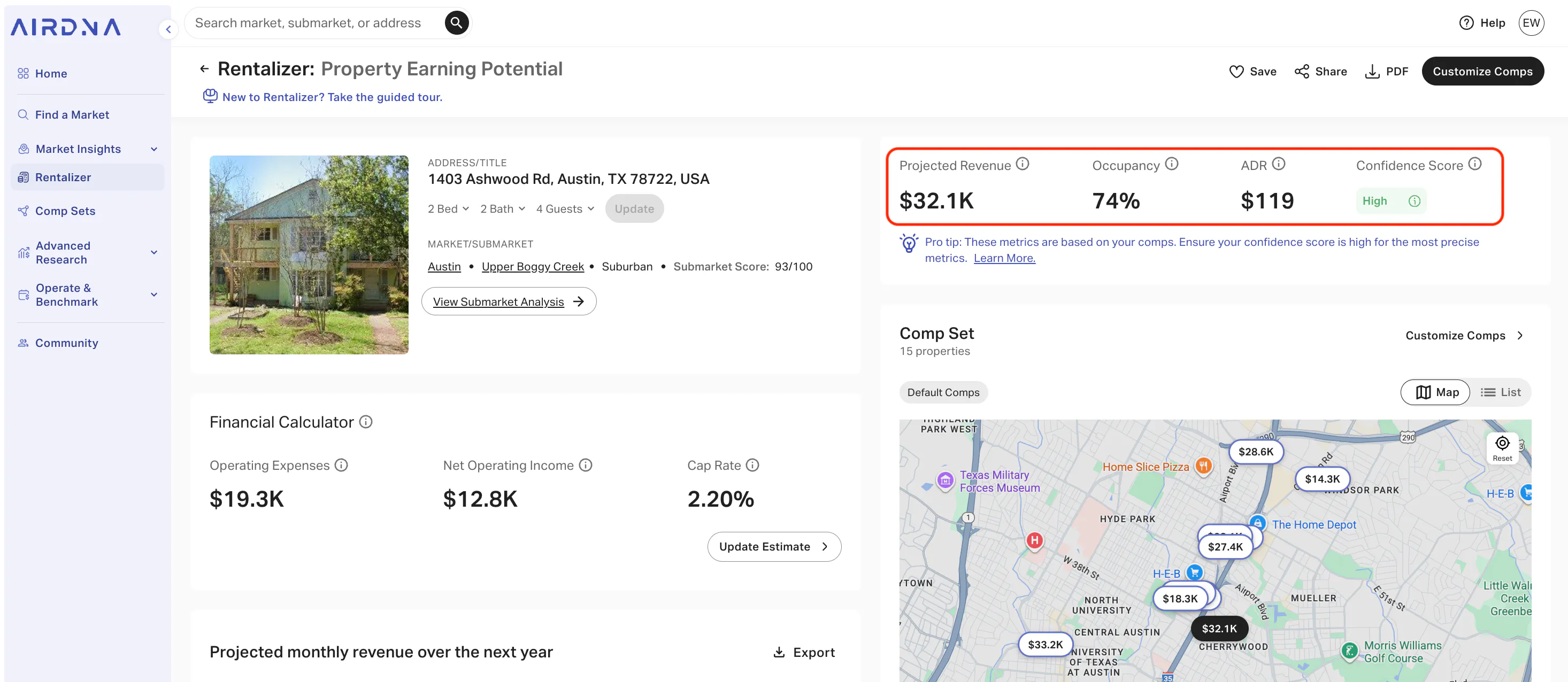 AirDNA Rentalizer report for 1403 Ashwood Rd, showing $32.1K Projected Revenue, 74% Occupancy, and High Confidence Score.