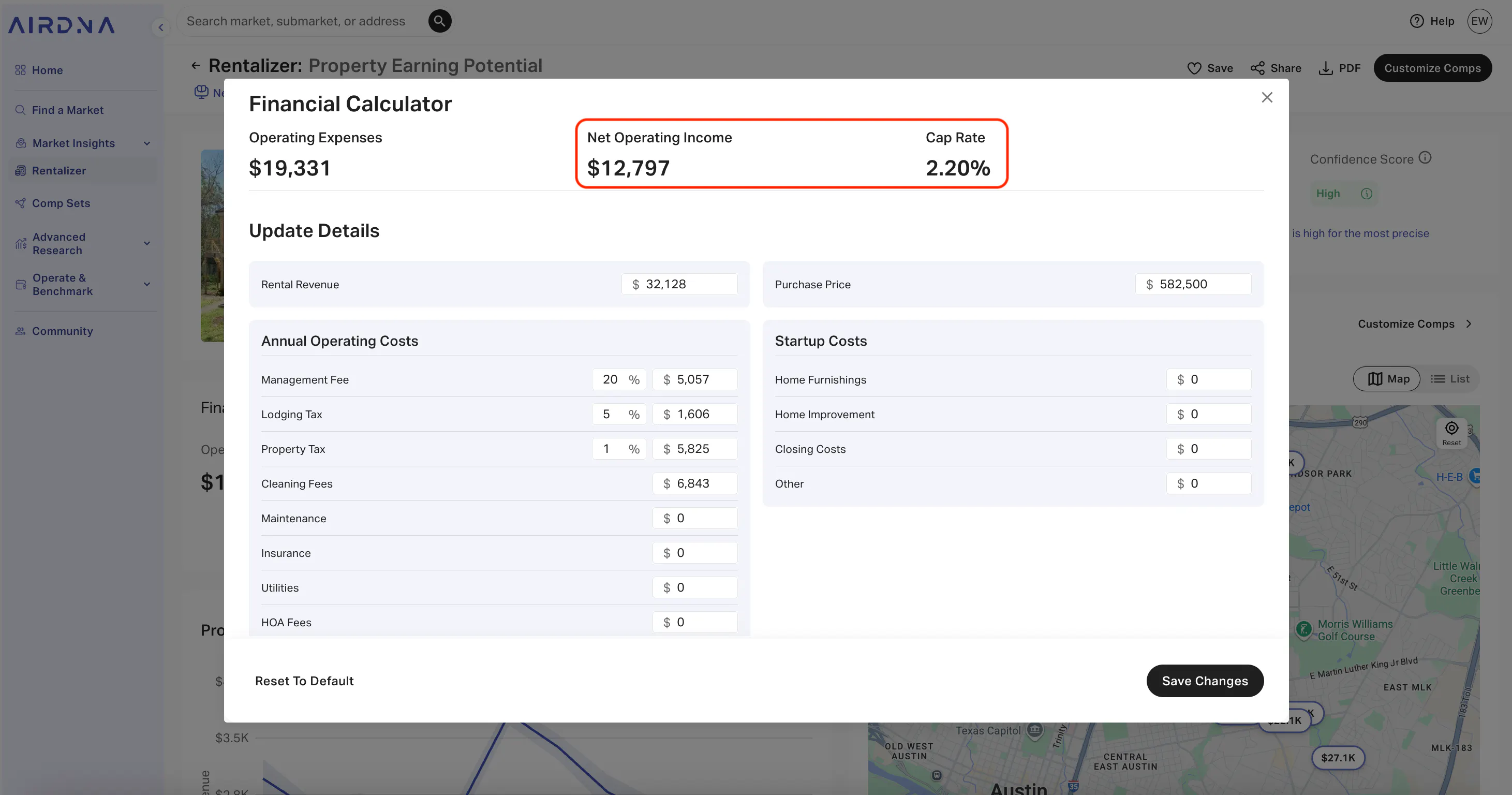 AirDNA Rentalizer Financial Calculator pop-up, showing $12,797 Net Operating Income and 2.20% Cap Rate