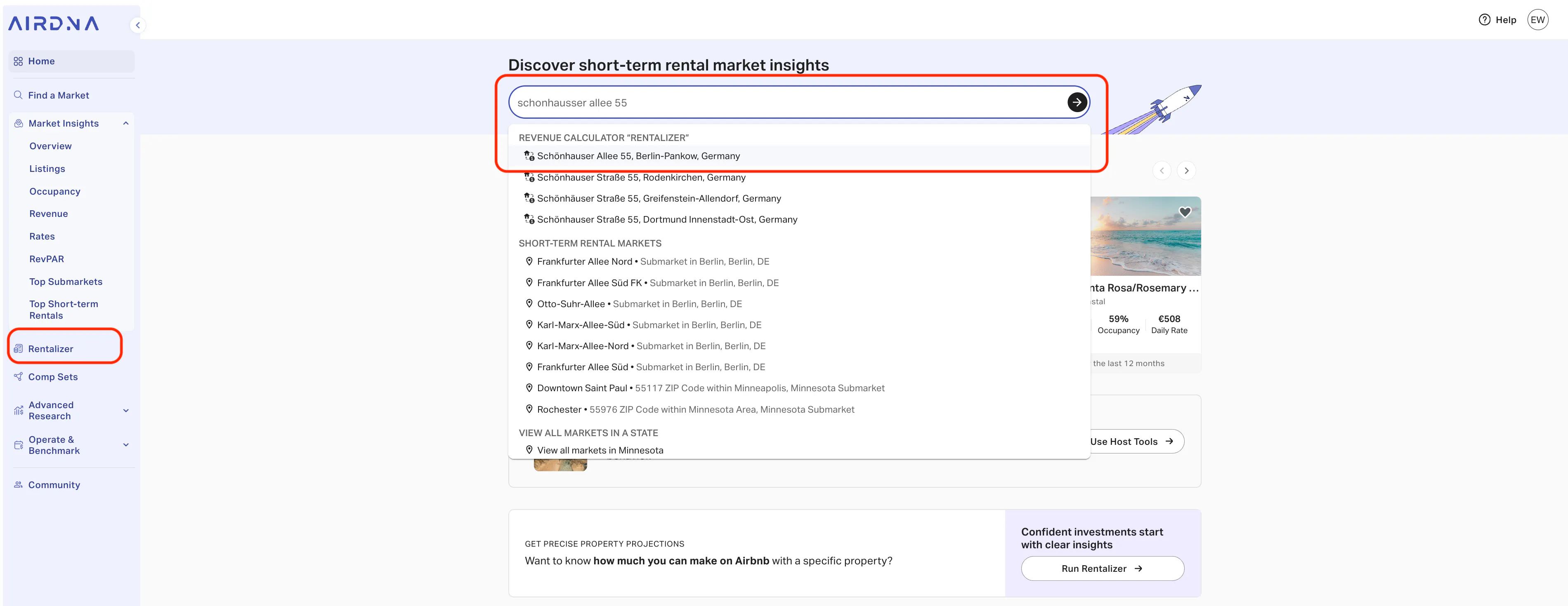 AirDNA Rentalizer search bar showing 'Schönhauser Allee 55' address being entered for analysis.