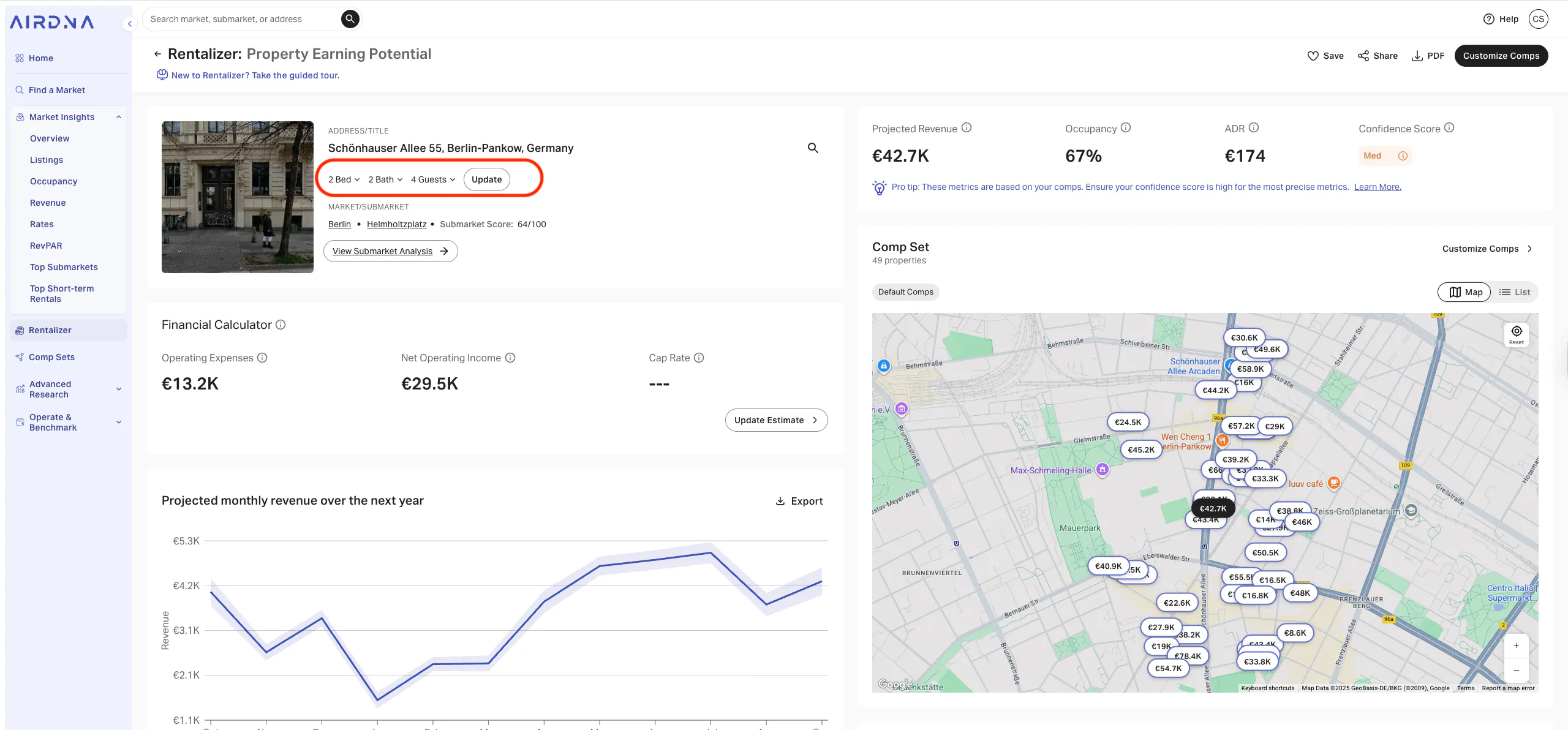 AirDNA Rentalizer report for Schönhauser Allee 55, showing property details and $42.7K Projected Revenue.
