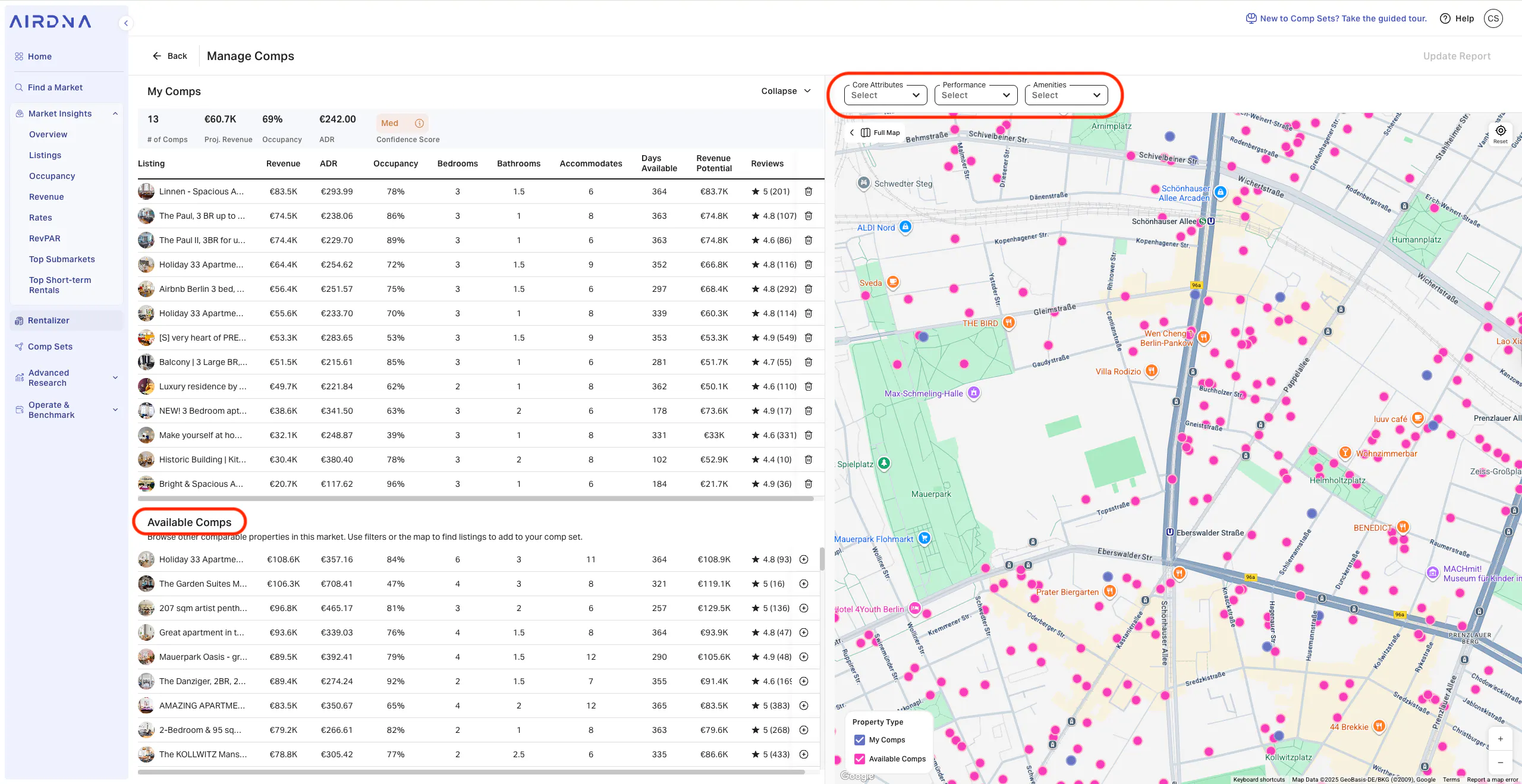 AirDNA 'Manage Comps' page showing my comps, available comps, map, and filters for refining the data.