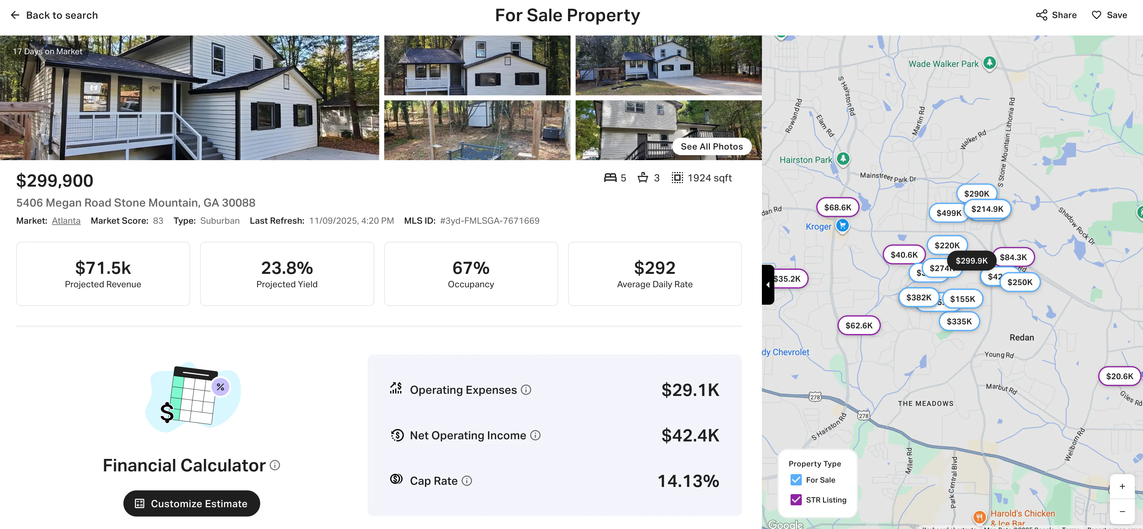 AirDNA For Sale Property report for a Stone Mountain home, showing $71.5K Projected Revenue and 23.8% Projected Yield.
