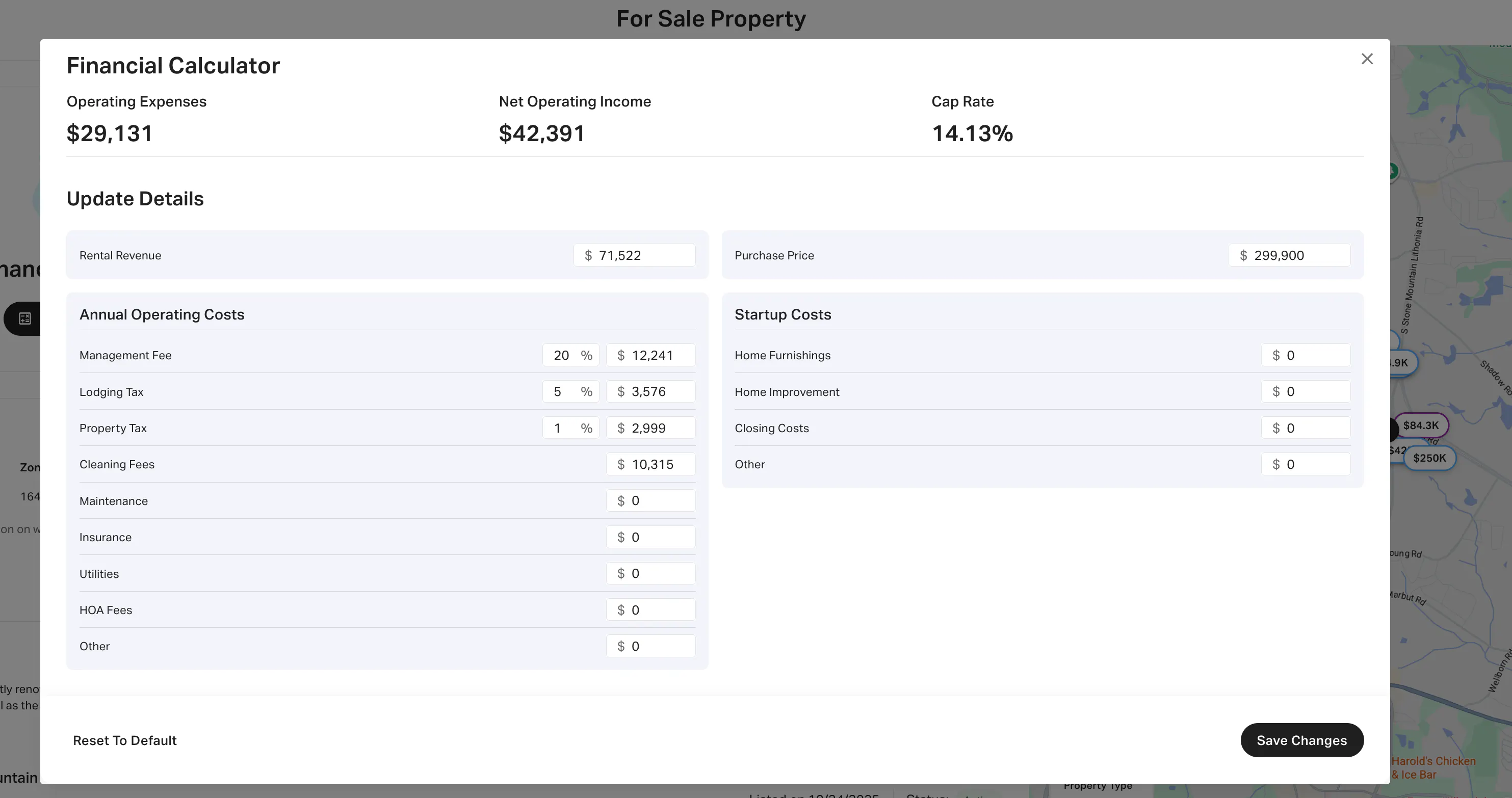 AirDNA For Sale Property Financial Calculator pop-up, showing $42,391 Net Operating Income and 14.13% Cap Rate.