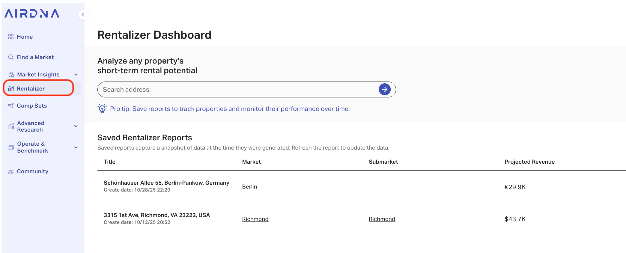 AirDNA Rentalizer Dashboard showing where to search an address and a list of saved reports.