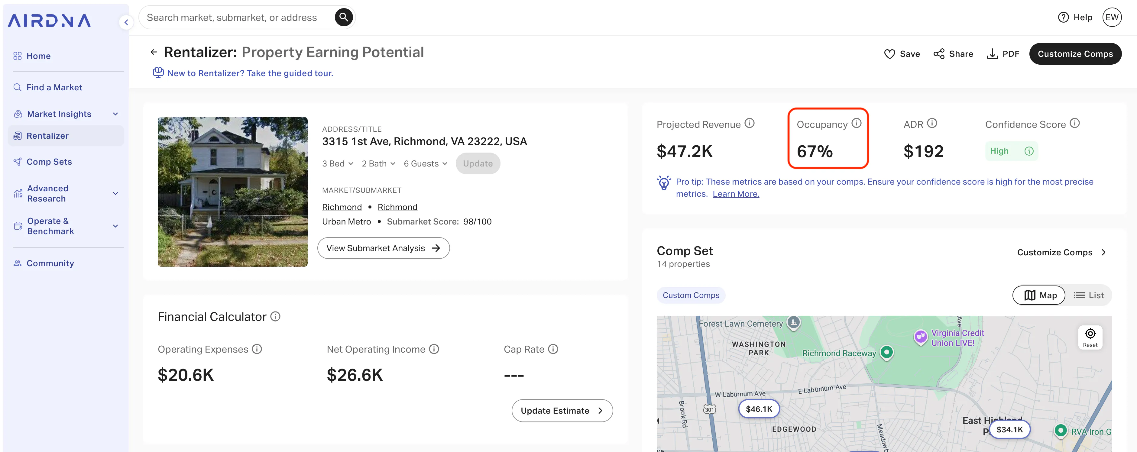 AirDNA Rentalizer displaying a Richmond property with 67% projected occupancy and $47.2K revenue.