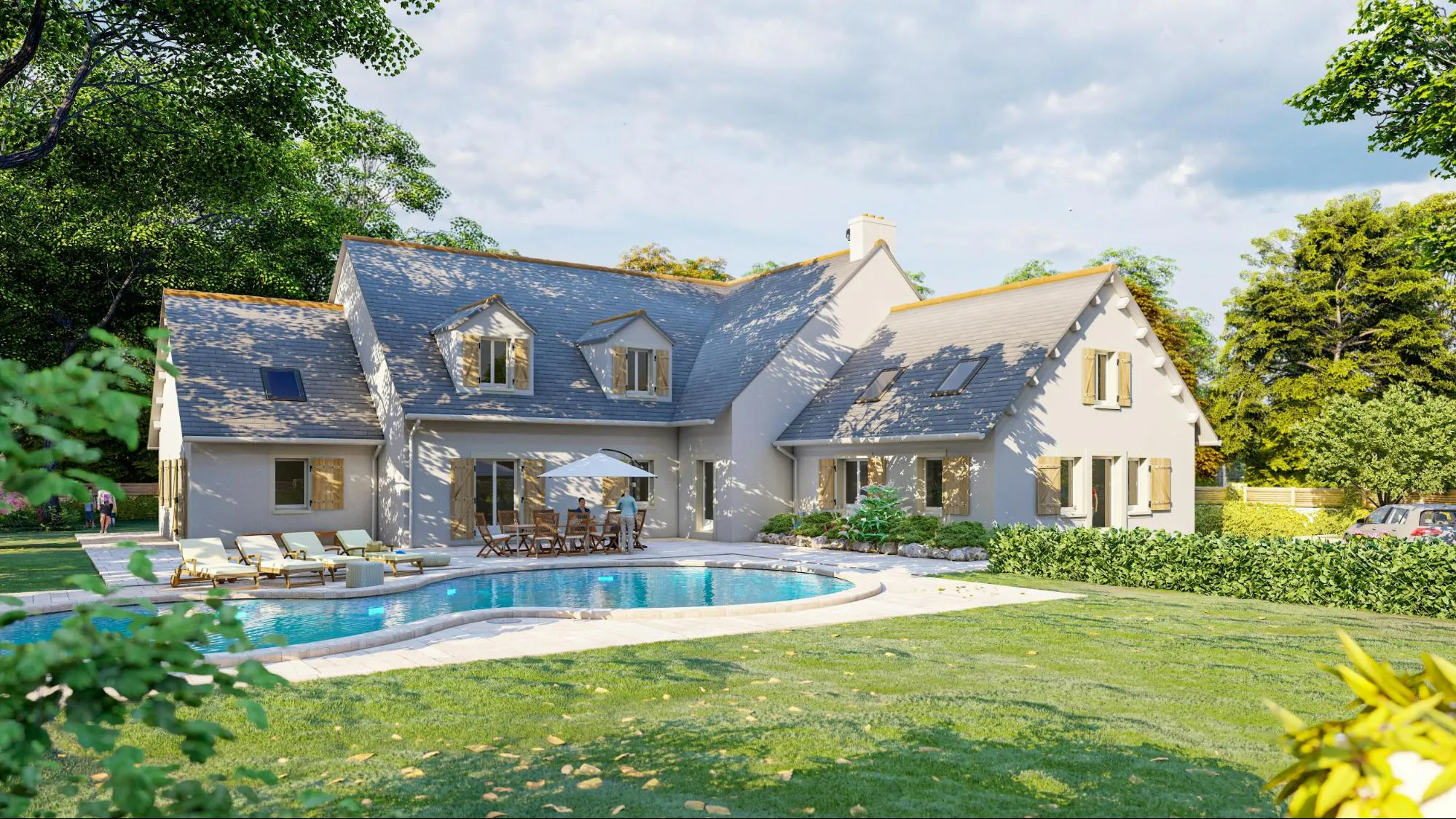 A large, gray stucco house with multiple dormer windows, surrounded by a lush lawn and a pool patio.