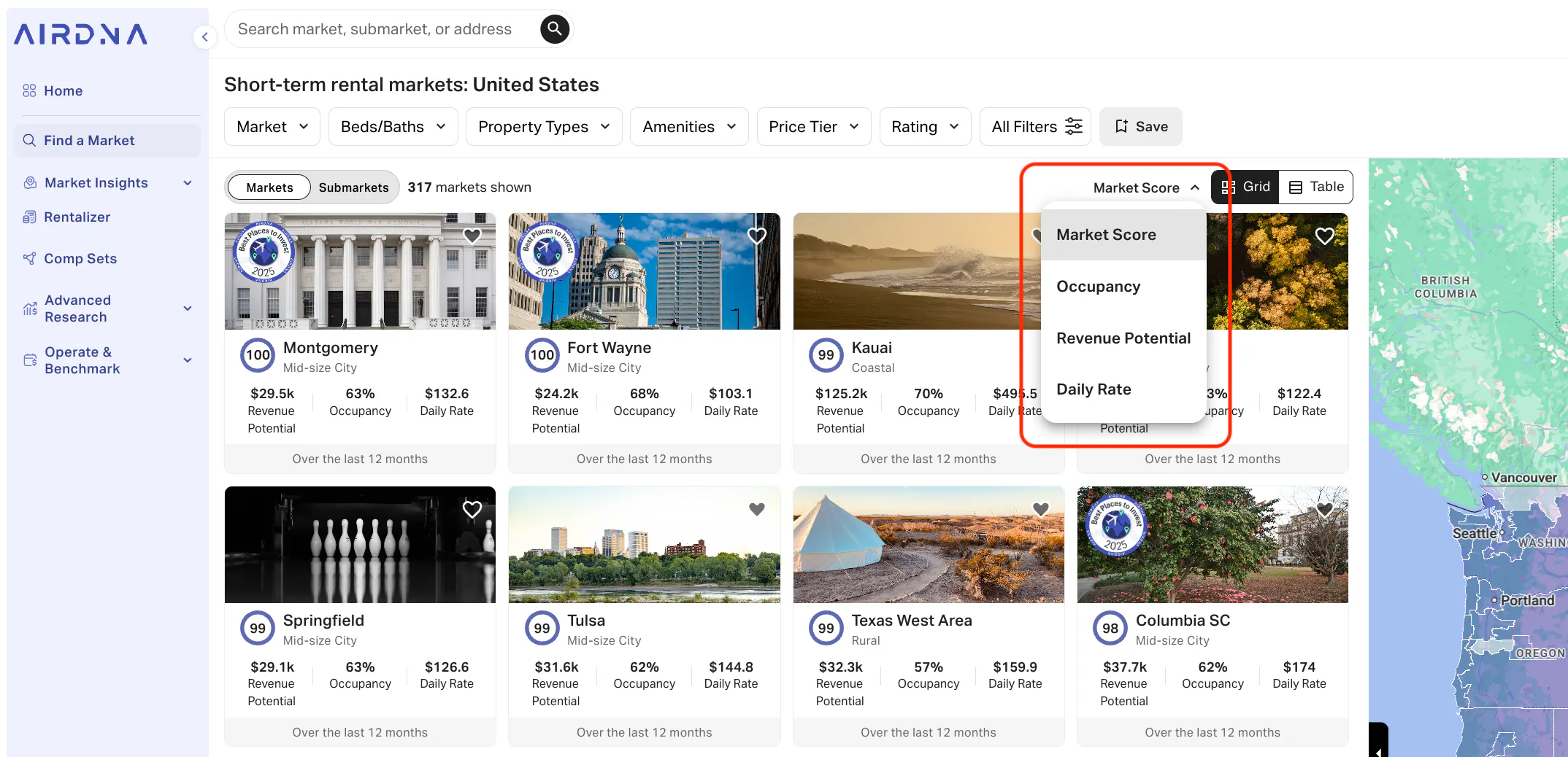 AirDNA dashboard showing U.S. markets, with the sort menu open to select Market Score, Occupancy, Revenue Potential, or Daily Rate