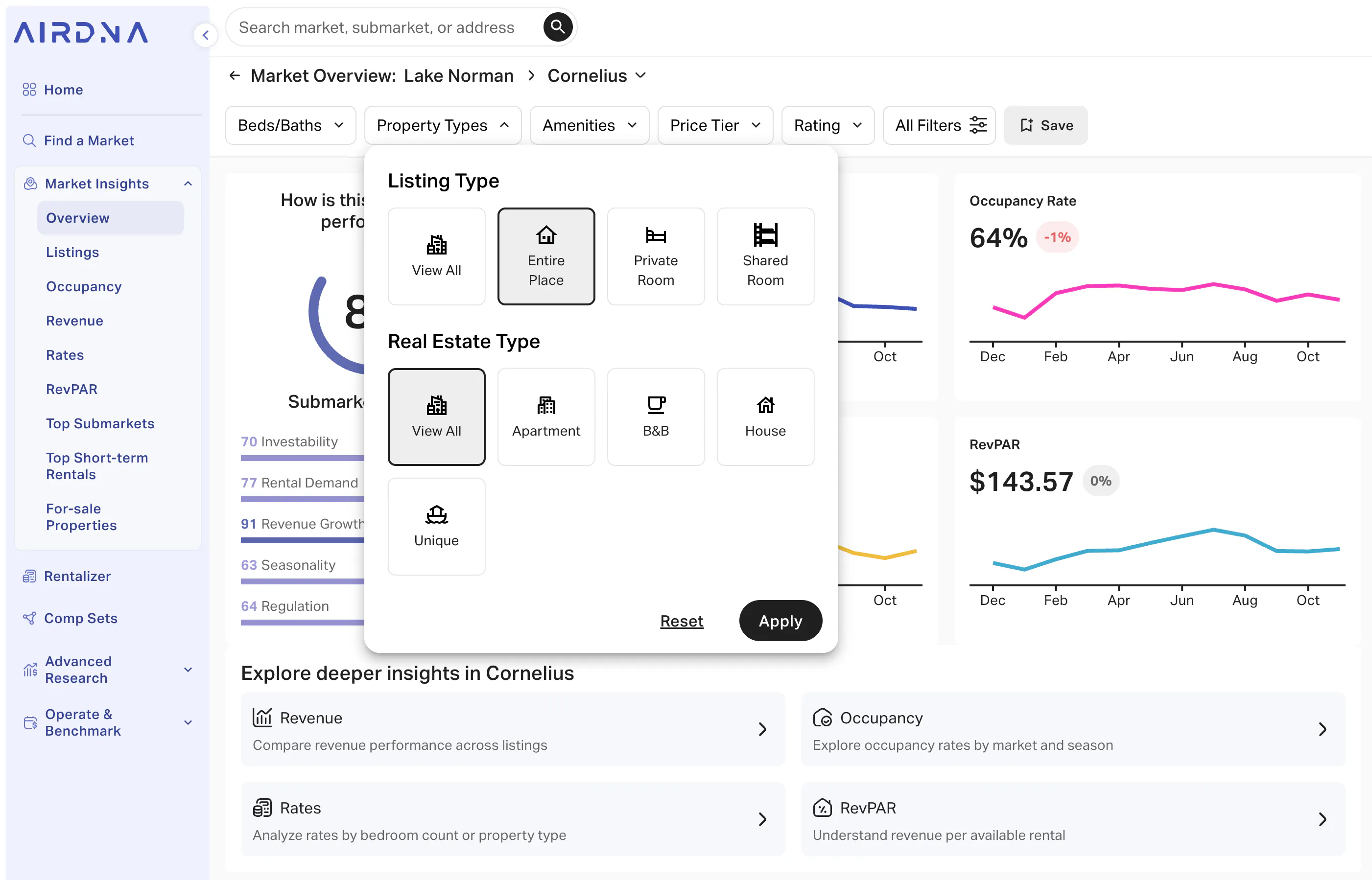 Entire place listing filter applied to Cornelius submarket in Lake Norman area