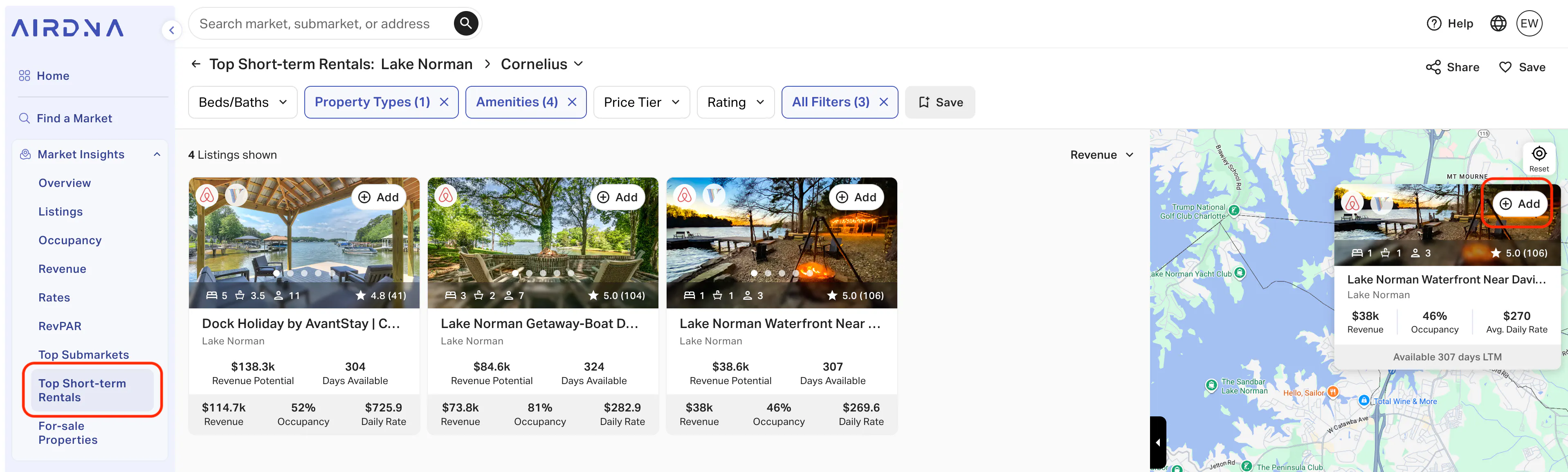Options to add a waterfront short-term rental property to a comp set in Cornelius, North Carolina